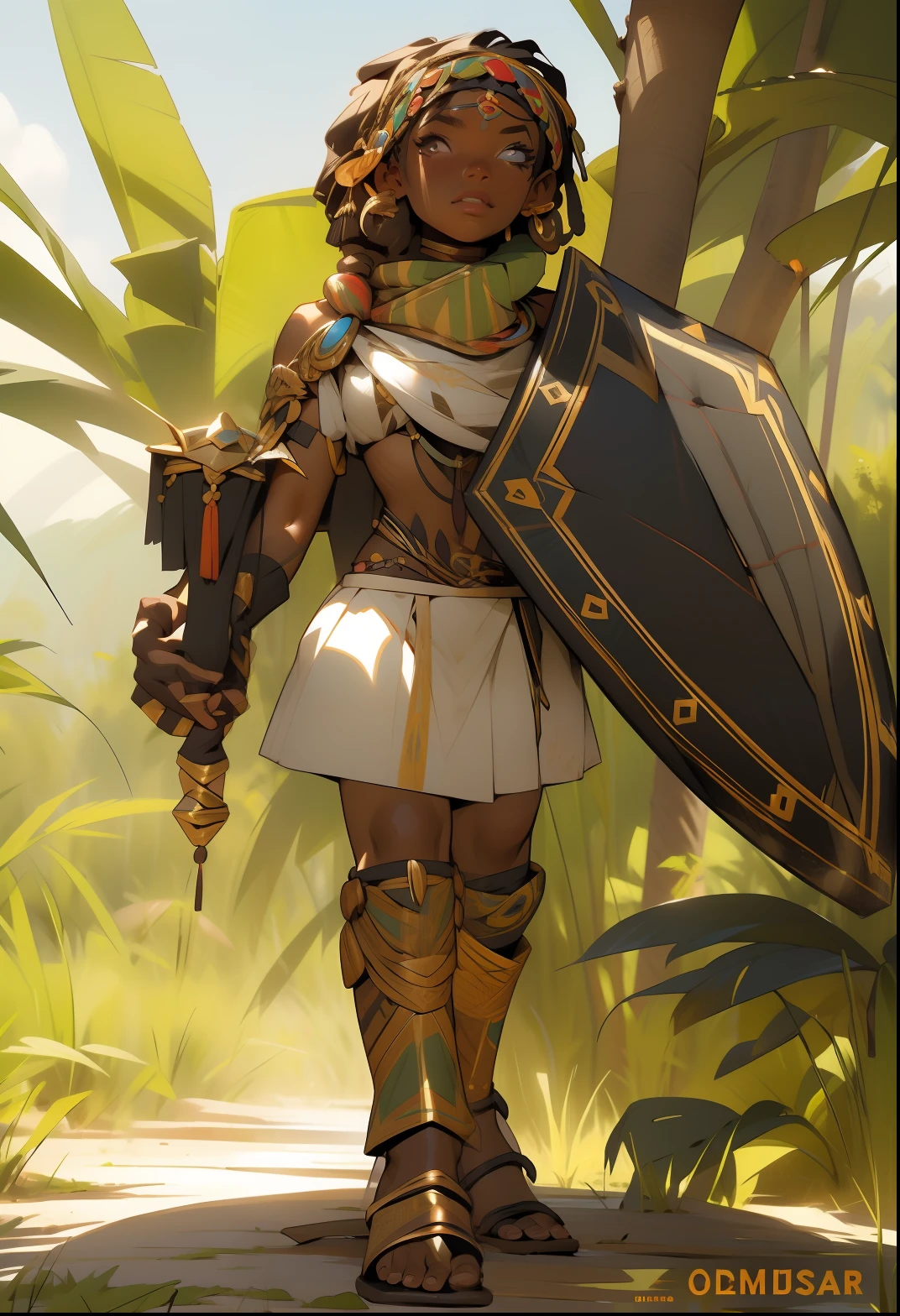 (((absurdos))), (((melhor qualidade))), (((obra prima))), mulher africana de 19 anos musculosa, olhos castanhos, detailed lashes, thin and delicate hands, guerreira Zulu, pinturas de guerra pelo corpo, corpo perfeito e proporcional, Black-skinned savanna warrior wearing very few clothes and many necklaces and body adornments, Tiny bikini made of African beads, holding a spear and walking across the savannah, dry vegetation, muito calor, she is sweaty and her black skin glows under the scorching sun of Africa
