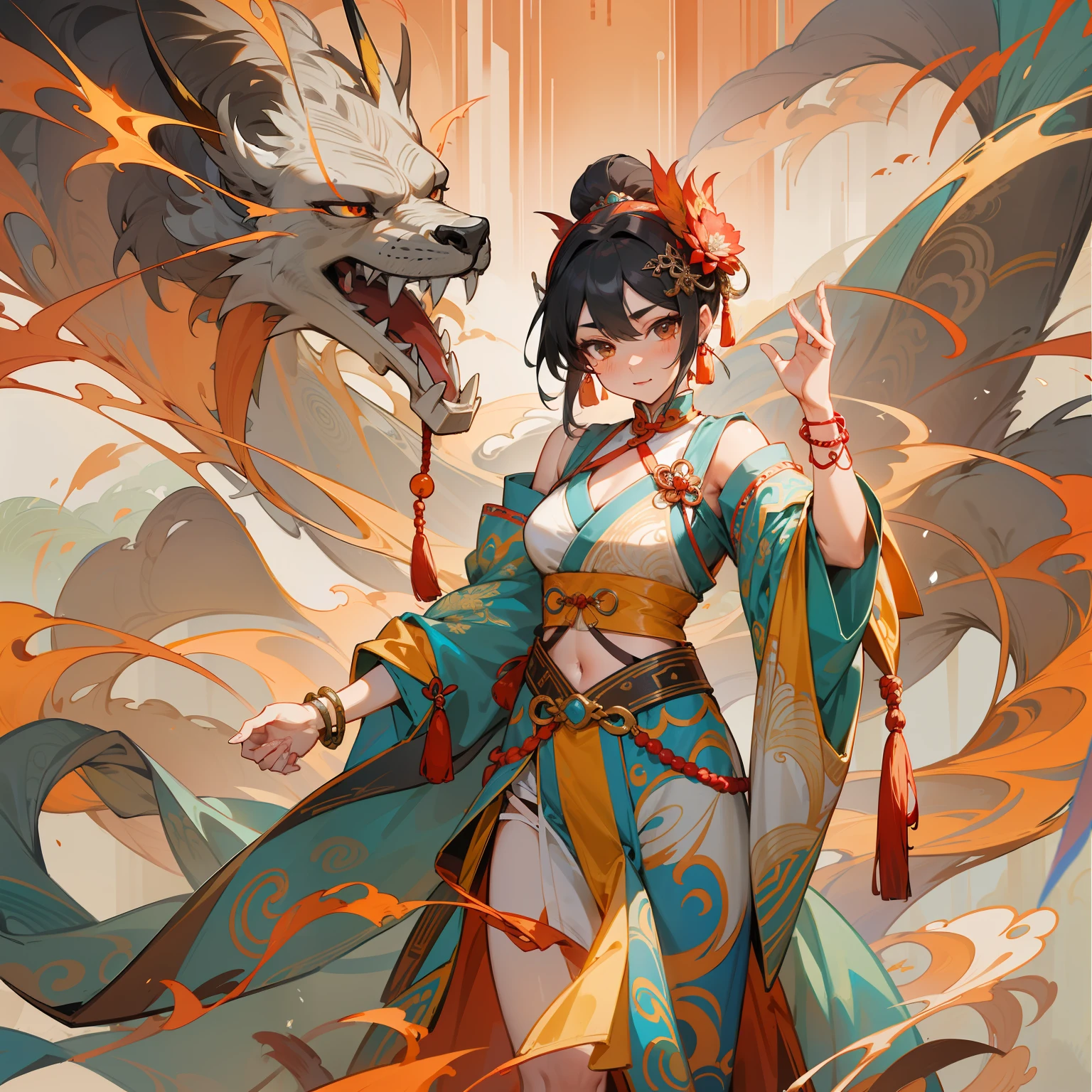 An ancient Chinese beauty，Two hands，structurally correct，Fire dragon background，Dance，The ornate costumes are embroidered with intricate embroidery，A long transparent colored streamer is tied around the arm，flowy，Open navel，cropped shoulders，Bare neck，Yingluo，Black coiled hair bun hairpin hairband，The armband is tied with a streamer，Bracelet，Anklets，A metal chain tassel is tied around the waist，Mogao Cave Art，Inspiration for the Dunhuang flying mural，water ink，CGstation is popular --v 6
