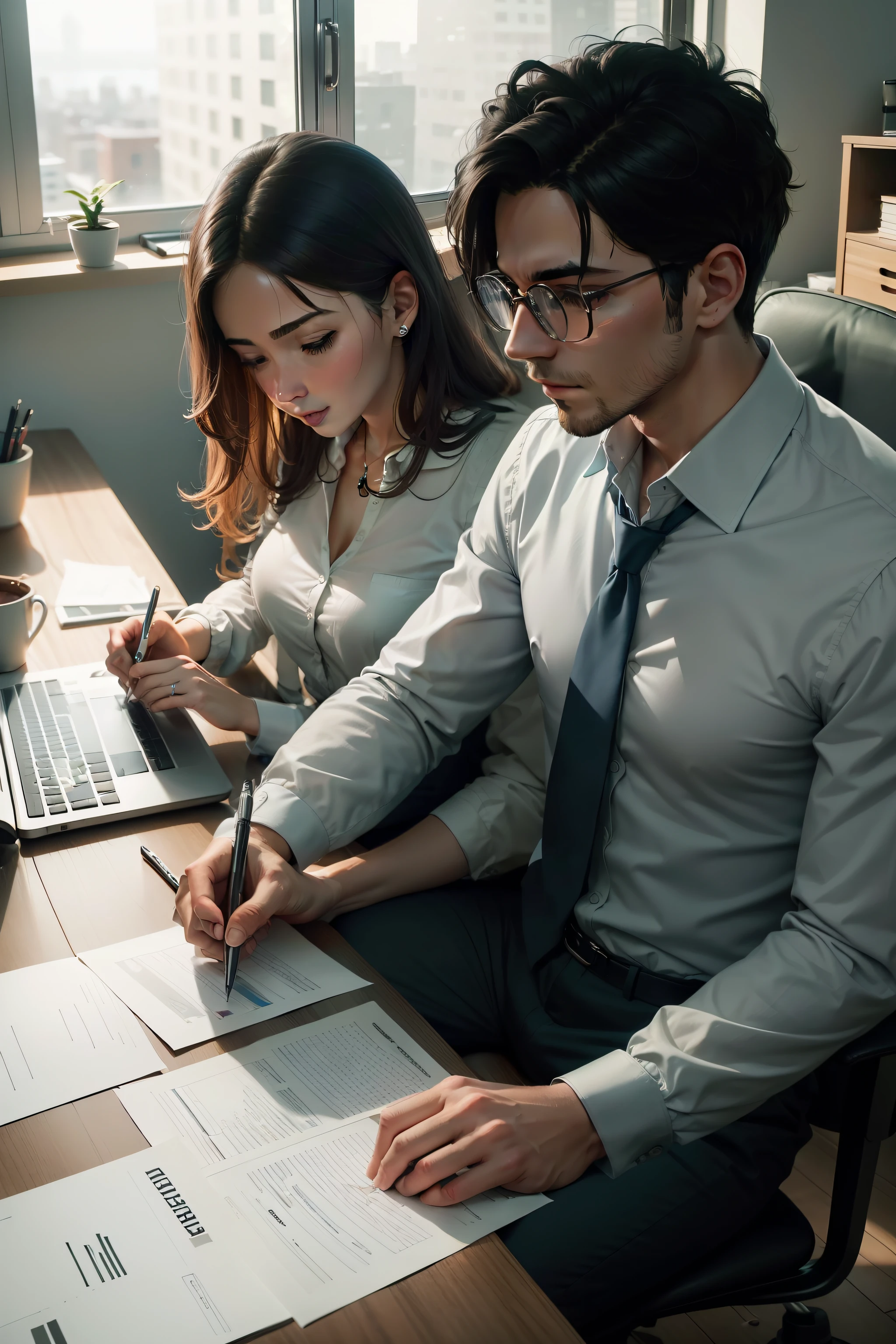 Um casal sentado em um home office, with open laptops and papers strewn across the desk, dedicated to analyzing stocks in the financial market. The lighting is soft and focused on the work table, creating an atmosphere of concentration and focus.

Both are dressed casually and comfortably, reflecting the relaxed atmosphere of the home office. His expressions are serious and determined, showing a commitment to carefully analyze available actions to make informed decisions.

Laptops display graphs and information about stock performance, while the papers contain detailed notes and calculations, demonstrating the methodical and organized approach they are taking in the analysis.

Ao fundo, You can see shelves with books and references about investments, evidencing the continuous search for knowledge and updating on the financial market.

The scene is depicted in photographic style, Using a professional camera with an angled lens to capture the breadth of the work desk and the details of laptops and papers. The image is sharp and well focused, allowing charts and inventory data to be easily readable.

This representation of the couple analyzing the actions conveys the idea of responsibility and care in making financial decisions. The image highlights the importance of detailed research and analysis to invest intelligently and strategically, aiming to achieve positive and safe results in the financial market, corpo inteiro, 16 millimeters, 35 mm, cores vivas, alta qualidade, white-balance, Filmes Kodak, alto detalhe, 8k