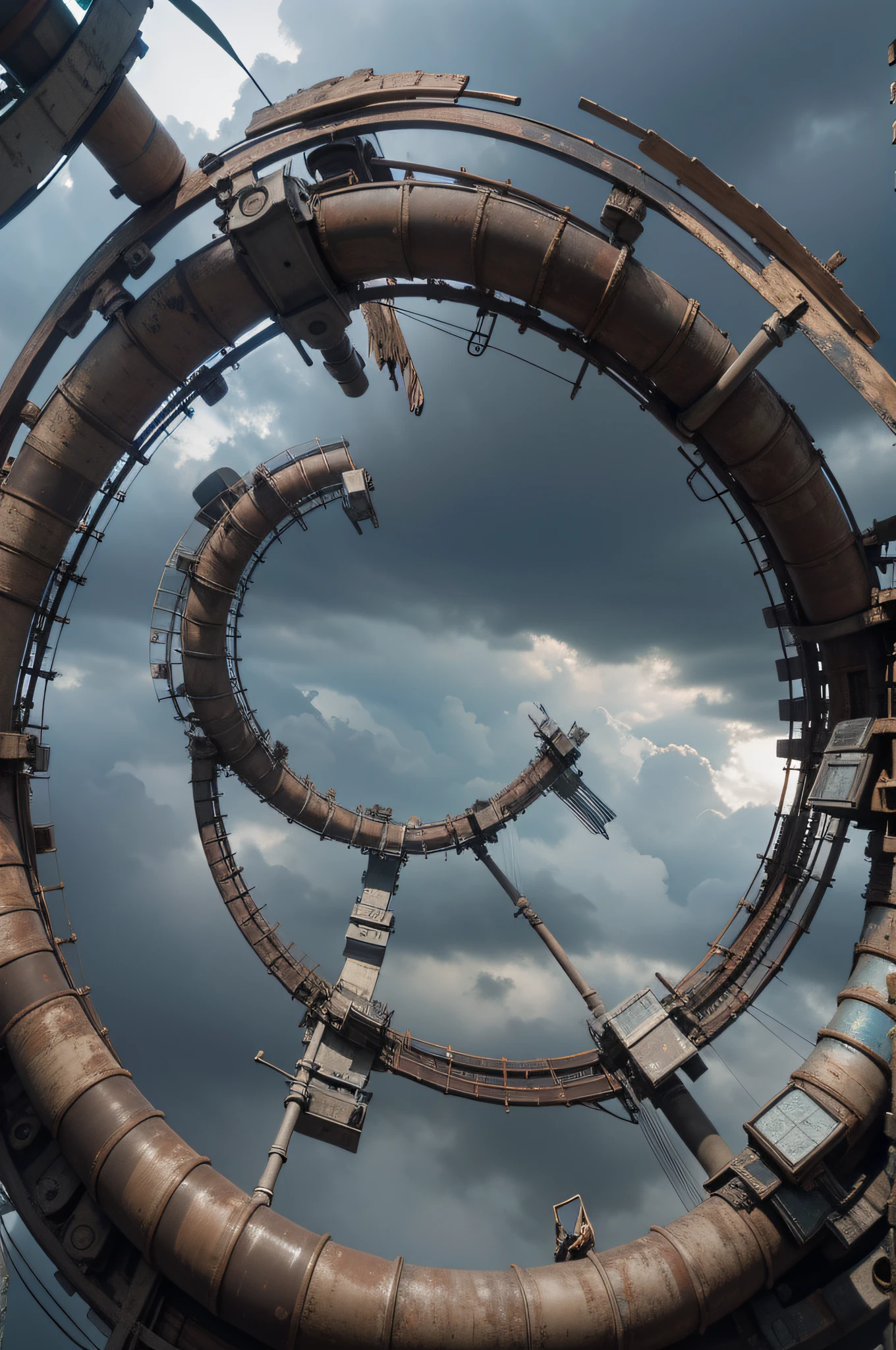 a heavily distorted, fading late morning heavily overcast sky, a singular object comprised of contorted feathers/machinery/pipes/rusted components is floating in the air, extra detail, 4kHD details, best resolution, surrealistic composition, extreme camera angle, motion blur, depth of field, foreshortening, tilted camera angle, cinematic lighting, movie scene, precise details, intense details, panoramic image, fish eye lens