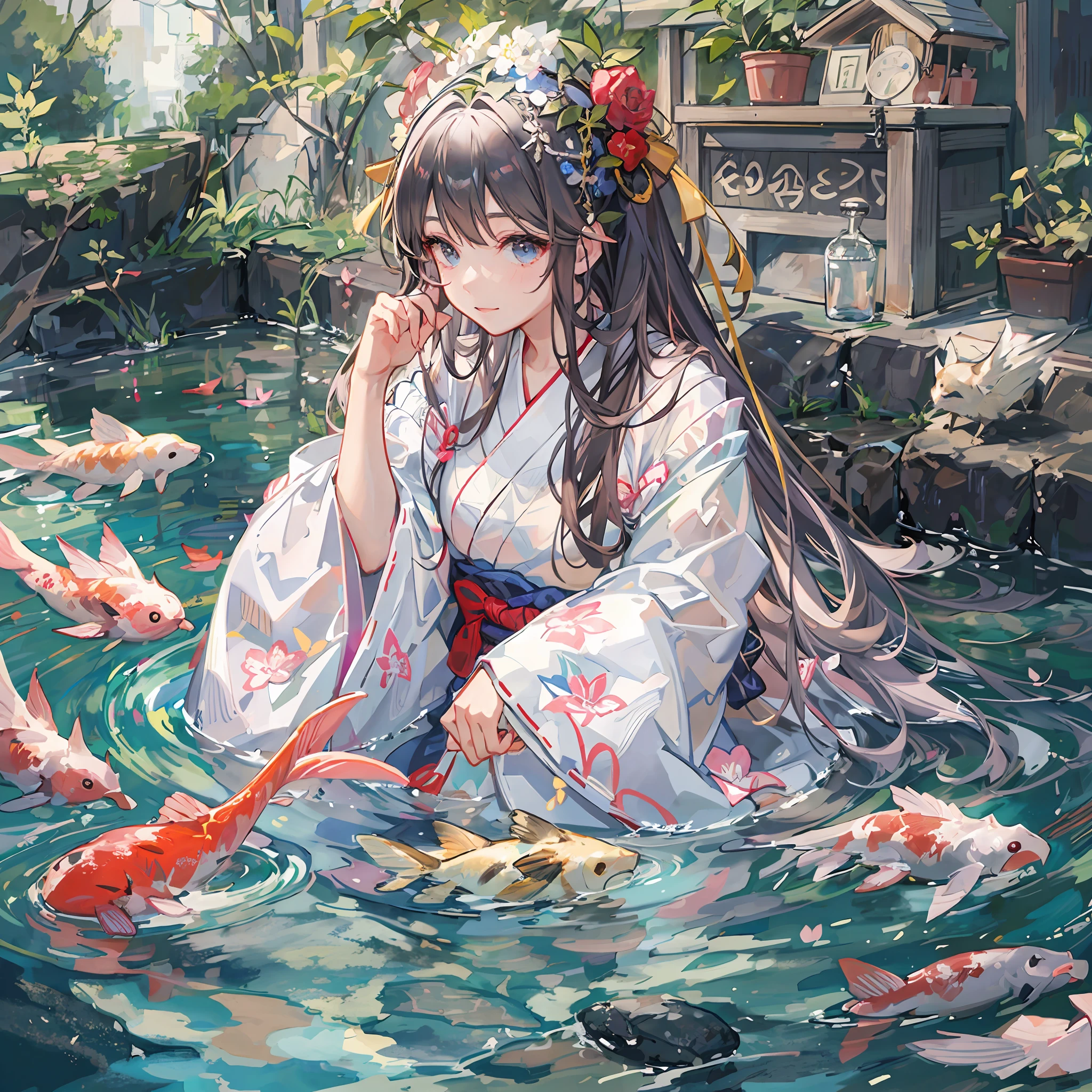 ​masterpiece、top-quality、1人の女性、((Hair is iridescent))、Hair is about the length of your back、((Vibrant hair))、Women in Their 20s、((White yukata))、The whole body is shown、Bathing in the pond、mysterious figure、Fantastical、shrine maiden、Heavenly daughter、Beautiful woman、Water is shining、Clothes are wearing、