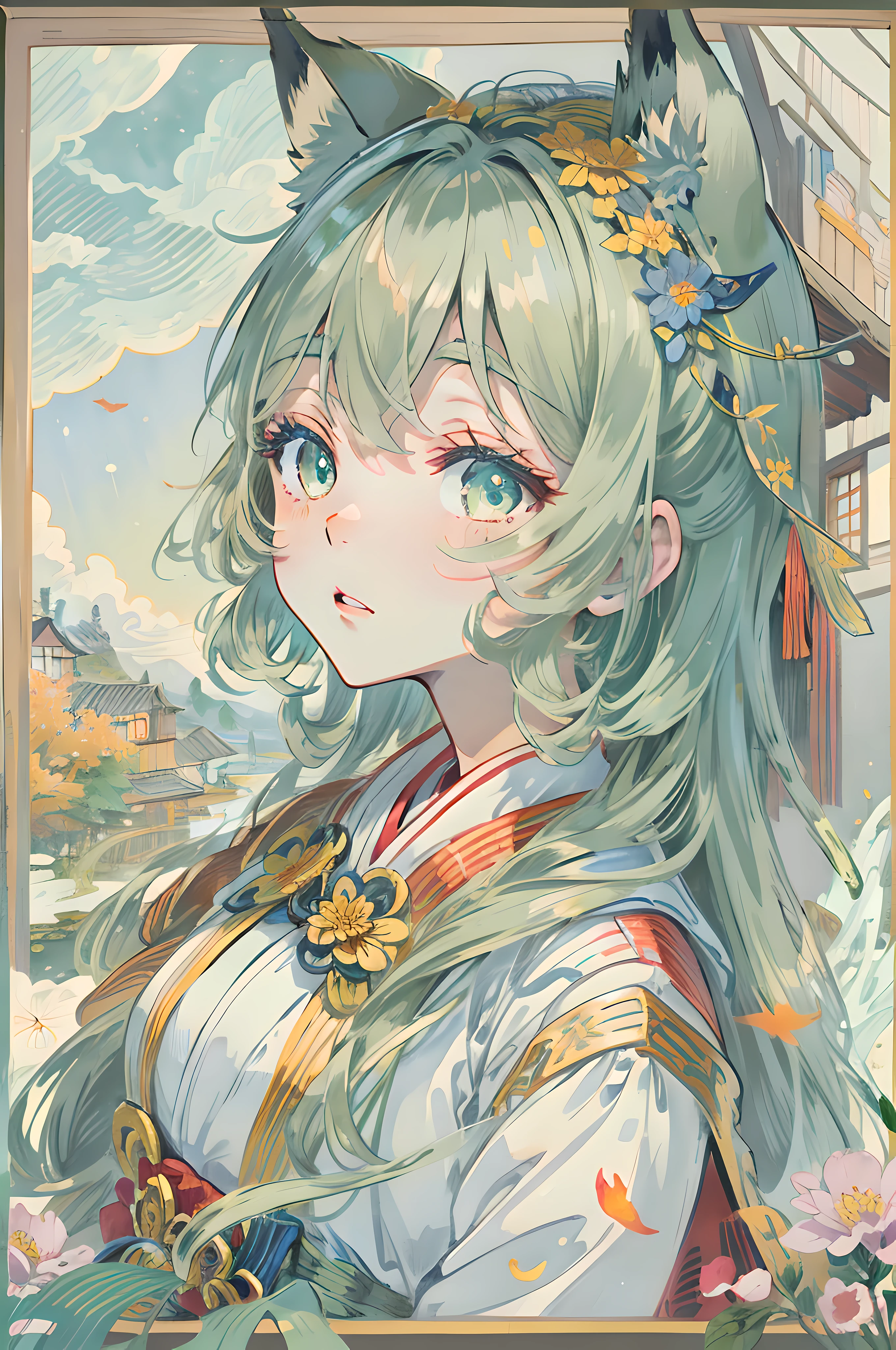 1girll,(fox ear:1.1),shirakami fubuki,looking at viewert,jewely,ribbon,Ribbon sleeves,long whitr hair,white colors,Aqua green eyes,watercolor paiting(curly),colorized pencil(curly),green bow,(Blue rose:1.1), 耳Nipple Ring, mont, eventide, fall leaves, ((Autumn)), Hanfu, clouds, east asian architecture, The bird, face expressionless, Buildings, Red rose, rosette, Yuki, snowflower, firey, (Nagisa Mito:1.2 ), Skysky, blue-sky, Red Moon, fox tails, kitsune mask, reddress, dampness, Sateen, Eau, flor branca, blueflower, yellowflower, meteors, starrysky, The tree, Green background, rainbowing, bloods, Casa,the street,(rios:0.8),(the ocean:0.8),(waterfallr:0.8),The hands are not shown in the sleeve,lamp post,lamp lights,(the night:1.255),hitodama