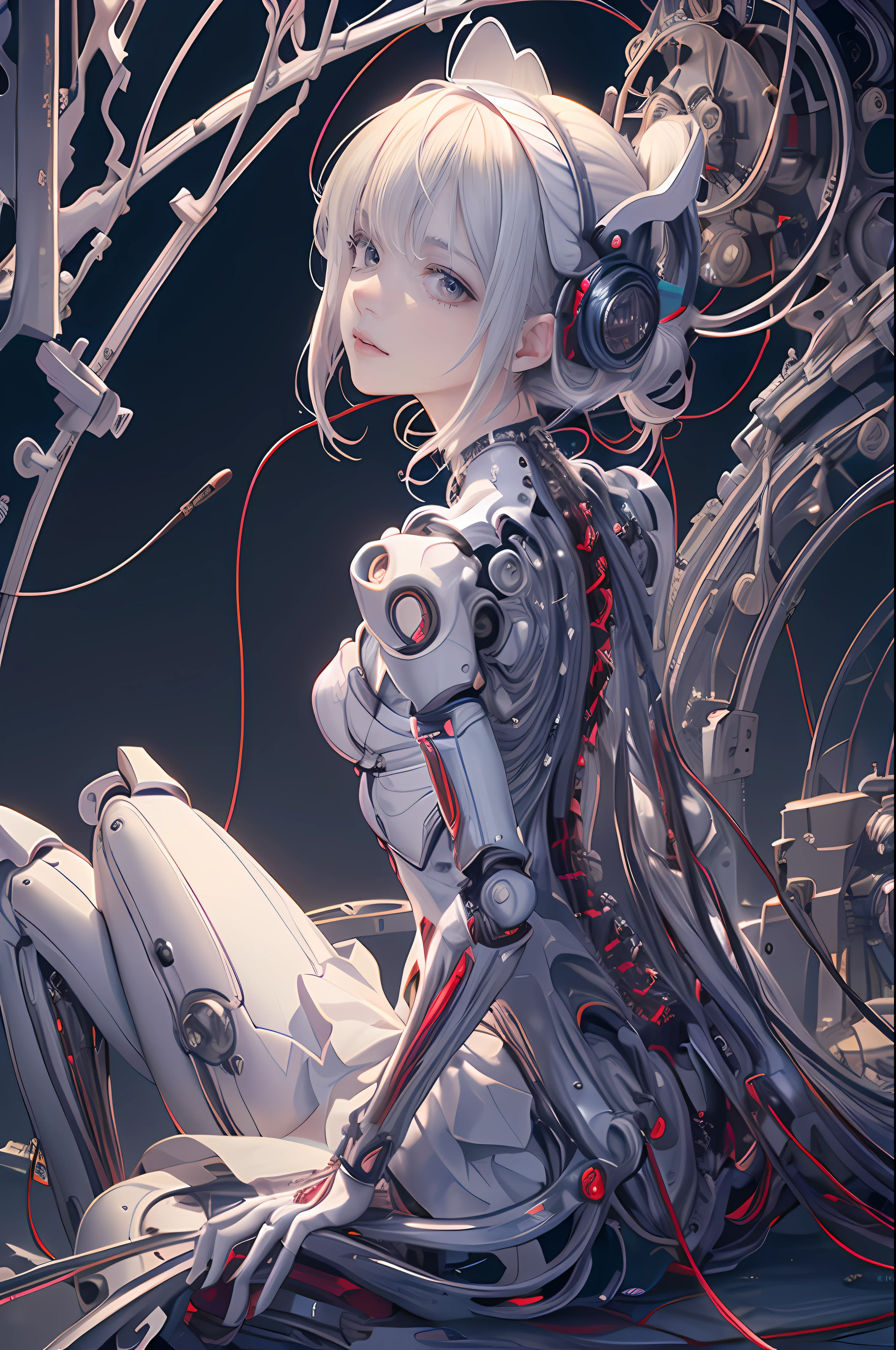 (((masterpiece))), (((best quality))), ((ultra-detailed)), (highly detailed CG illustration), ((an extremely delicate and beautiful)),(from side),cinematic light,((1mechanical girl)),solo,full body,(machine made joints:1.2),((machanical limbs)),(blood vessels connected to tubes),(mechanical vertebra attaching to back),((mechanical cervial attaching to neck)),(sitting),expressionless,(wires and cables attaching to neck:1.2),(wires and cables on head:1.2)(character focus),science fiction,extreme detailed,colorful,highest detailed