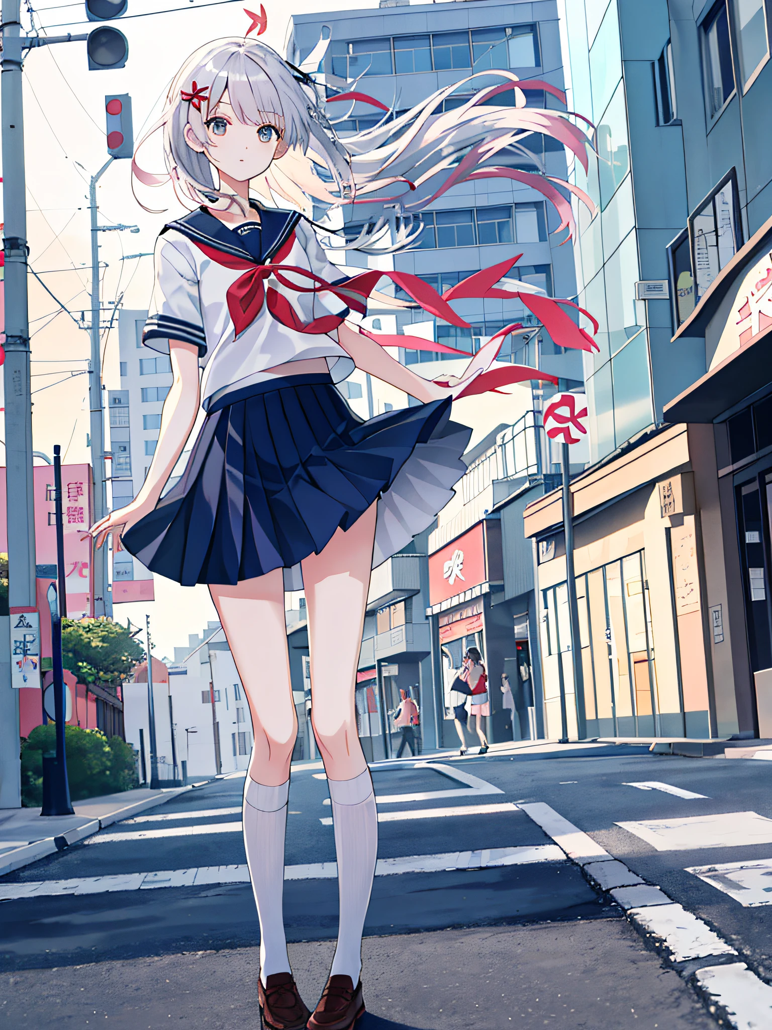 short skirt,校服,s girl,年轻,the street,long whitr hair,fresh breeze,Skirt fluttering