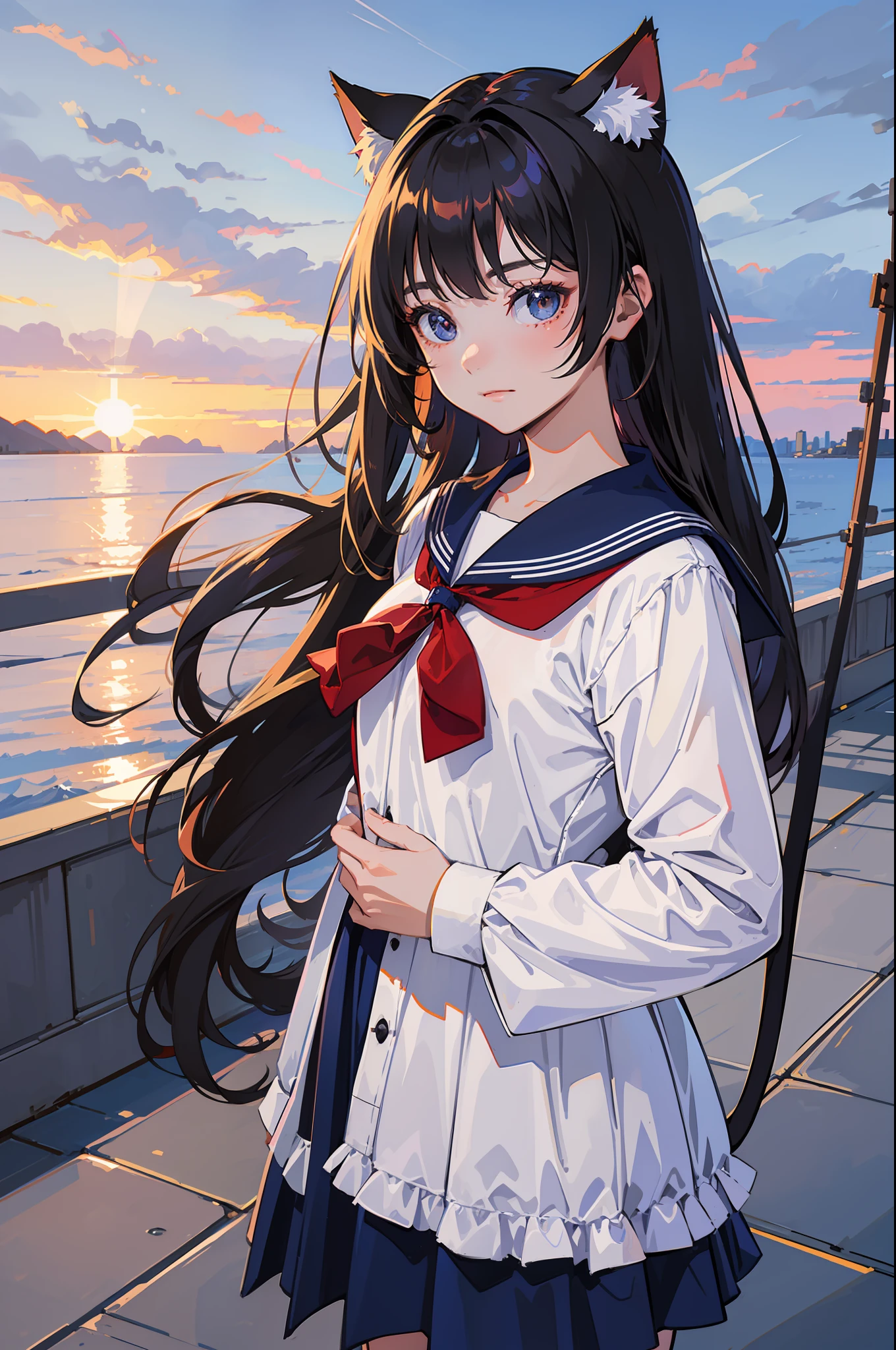 There is a woman in a sailor's costume posing for a photo with a cat, Anime girl cosplay, very beautiful cute catgirl, Sailor uniform, Attractive cat girl, cosplay of a catboy! maid! dress, loose coat collar sailor uniform, Anime girl in real life, japanese girl school uniform, Kantai collection style, Very beautiful anime cat girl, Anime cosplay, beautiful young catgirl