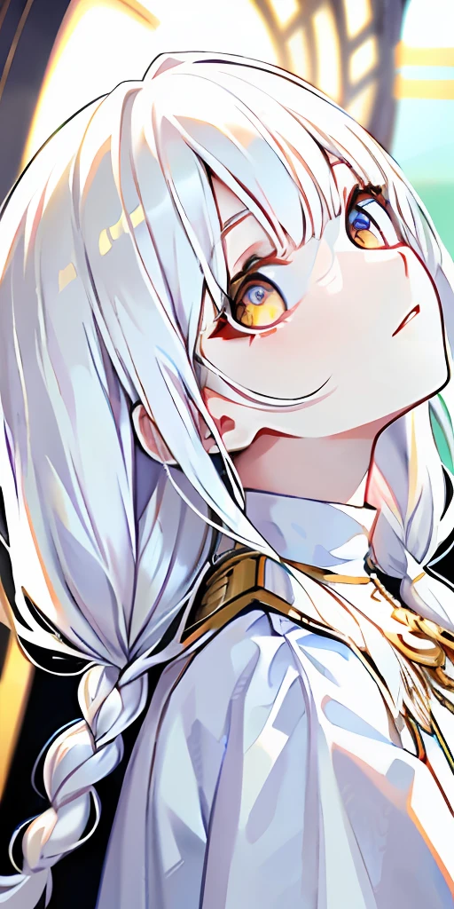 best quality, masterpiece,white hair, gold eyes,white clothes, looking up, upper body,hair strand,Fair skin,side braids