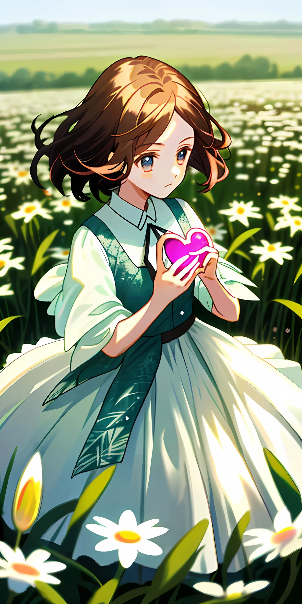 (tmasterpiece, best qualtiy),The girl holds the heart in her hand、In the field of greenery and flowers,warmly lit,white dresses,Blurred foreground