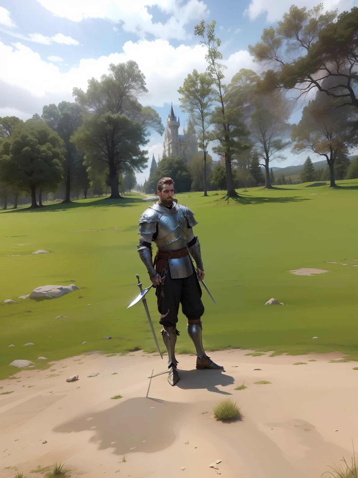 Medieval Warrior with Armor and Sword in His Hands, 8k, Castles in the Scenery