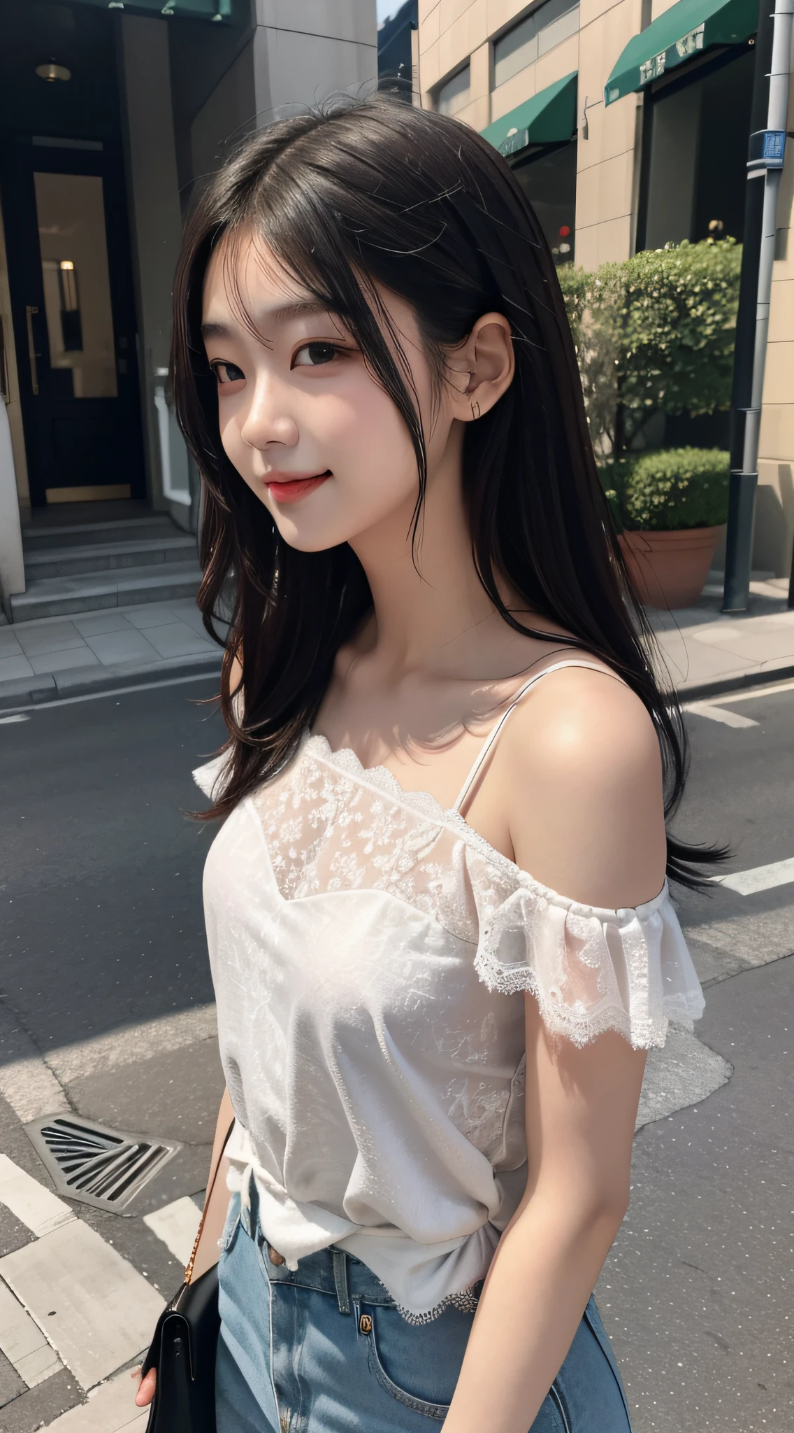 best qualtiy, tmasterpiece, 超高分辨率, realisticlying, 1girll, bshoulders,Lace, ssmile,the street