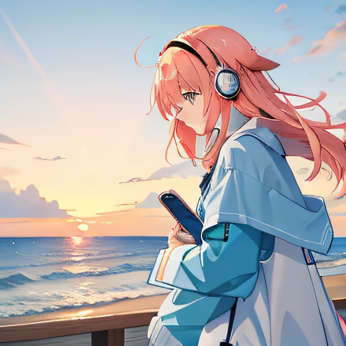 Dusk and sunset cover the sea,Anime shoujo looking down at her phone wearing white headphones