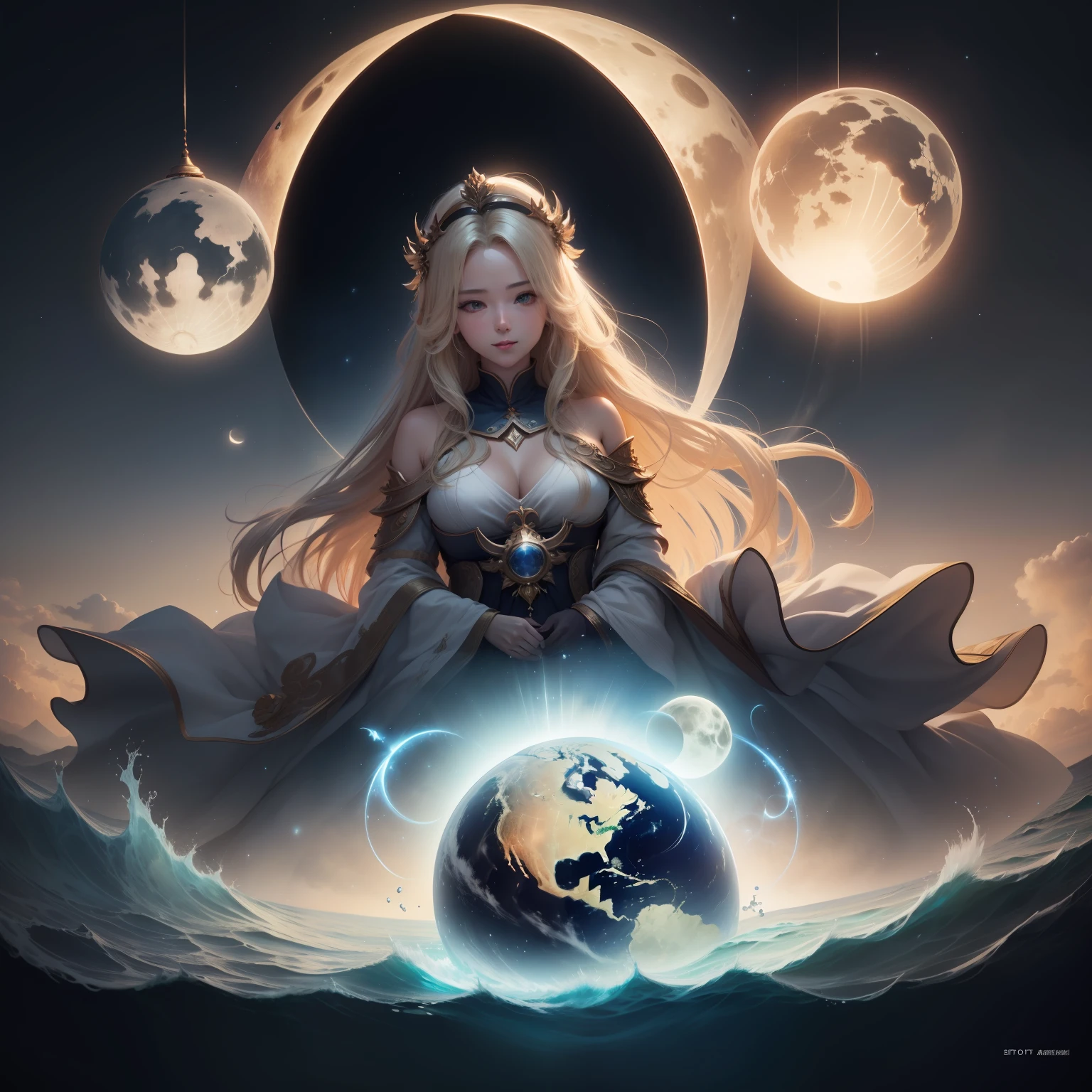 （tmasterpiece、Need、Ultra-delicate、A high resolution），1 goddess，（Long blonde hair、Very large sagging breasts、A loving gaze、ssmile），background starry sky，planet earth，suns，themoon，galactic，Divine light，The characters radiate holiness，offcial art，Extremely detailed，（The upper part of the body、Front lens）