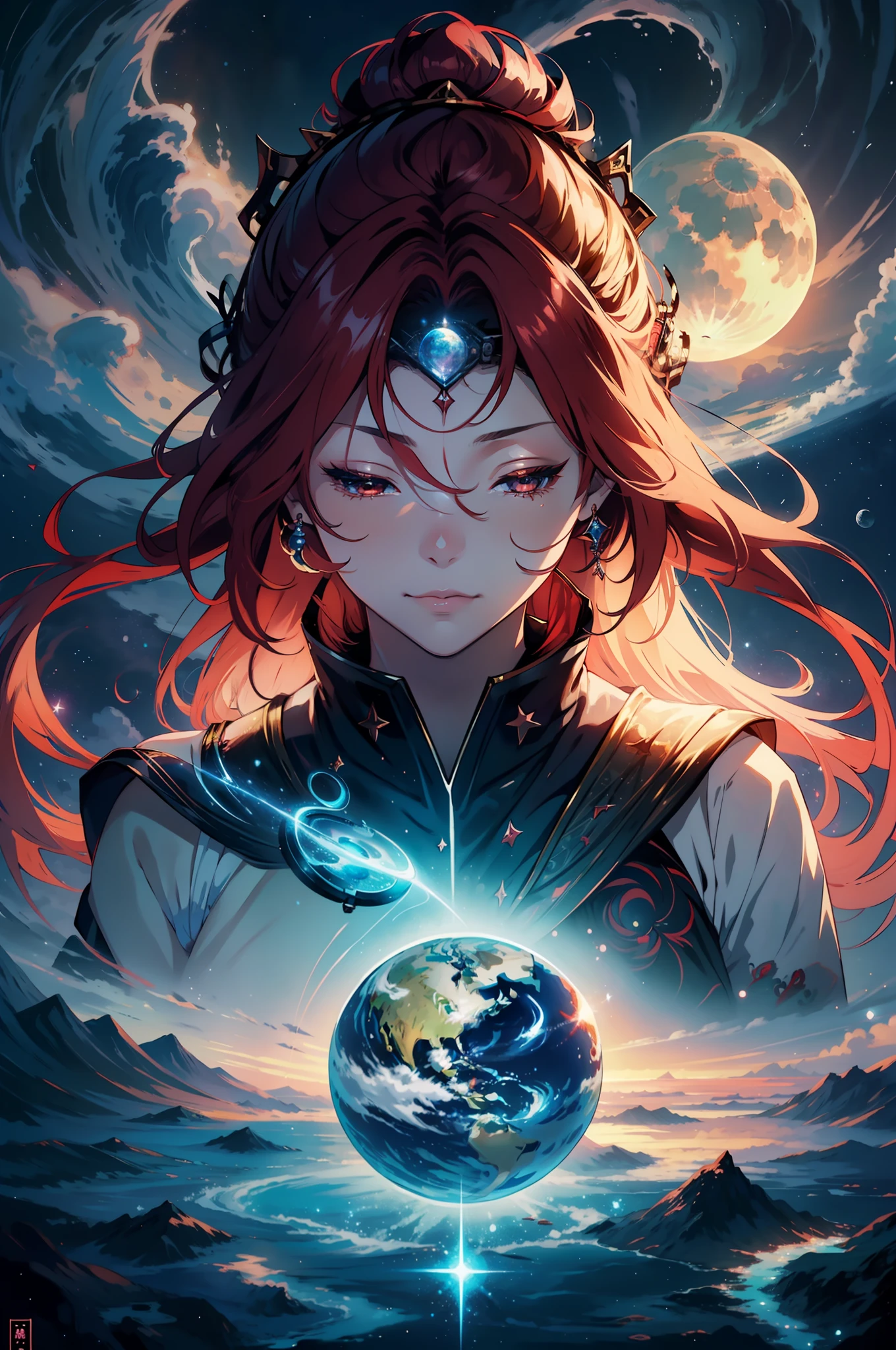 （tmasterpiece、Need、Ultra-delicate、A high resolution），1goddess，（Long red hair、Eye hemorrhoids、closing her eyes、ssmile），background starry sky，planet earth，suns，themoon，Divine light，The characters radiate holiness，offcial art，Extremely detailed，（The upper part of the body、Front lens）