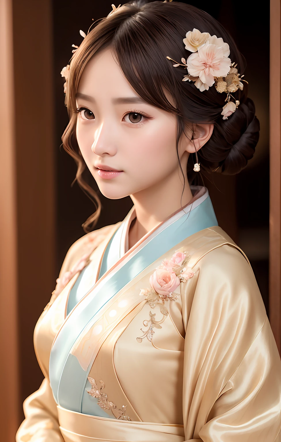A close up of a woman in a kimono with flowers in her hair - SeaArt AI