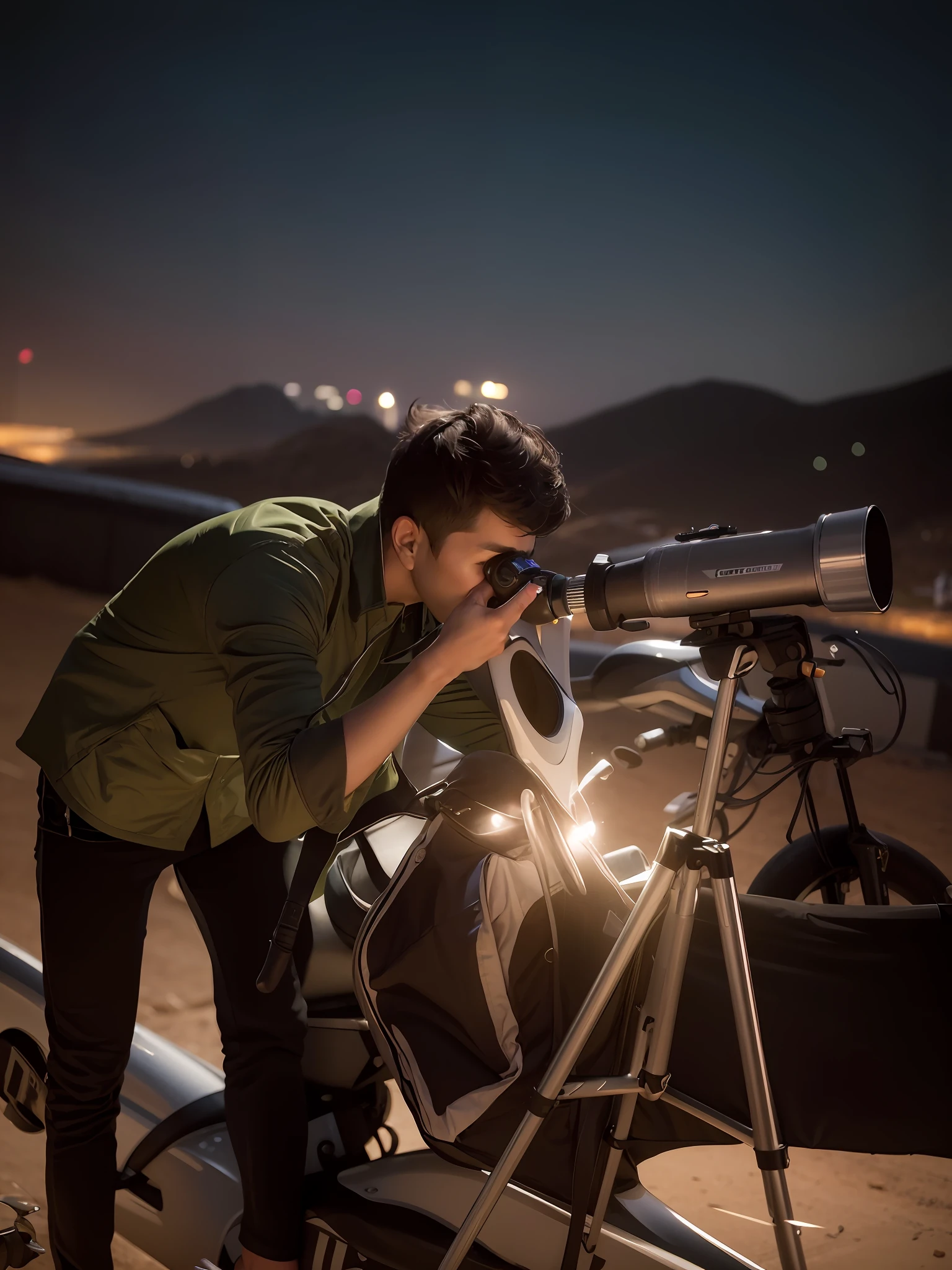 there is a man looking through a telescope at a motorcycle, astrophotgraphy, cinematic shoot, photograpgy, high quality upload, cinematography photo, profesional photography, is looking at a bird, astronomical imaging, photography at night, captured on canon eos r 6, shot on canon eos r 5, shot on canon eos r5, cinematic look , dont edit the face