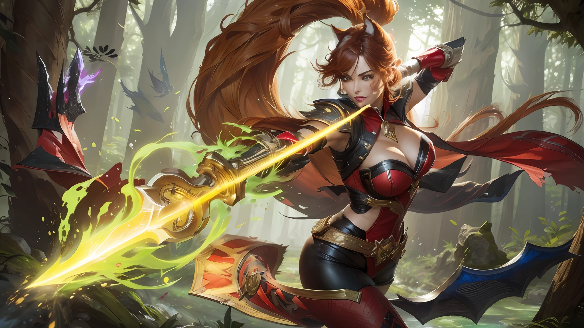 a woman in a red and black outfit holding a sword in a forest, splash art, style league of legends, official splash art, senna from league of legends, league of legends style art, league of legends character art, league of legends art, league of legends character, ahri, style artgerm, extremely detailed artgerm, league of legends splash art