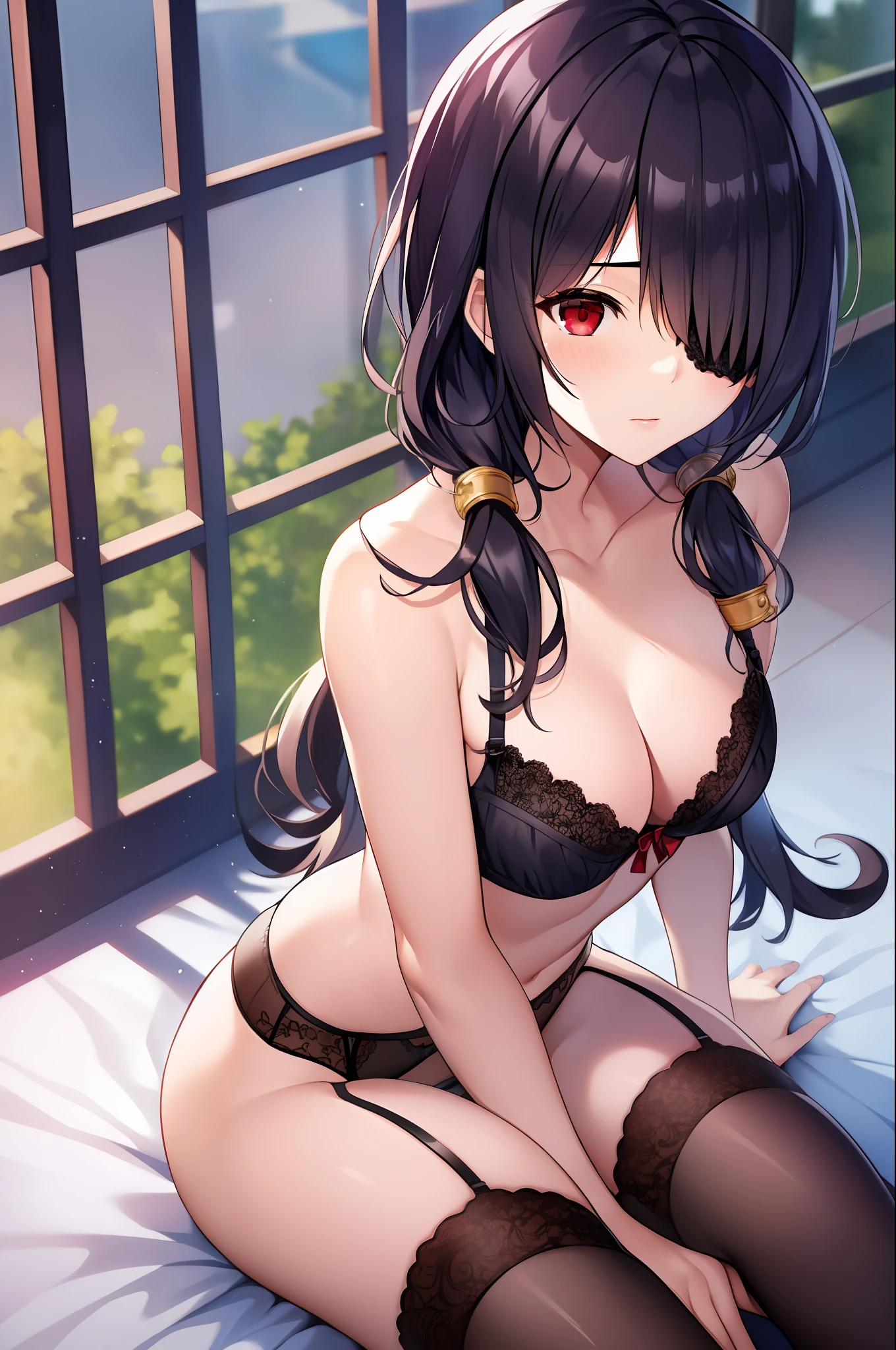 tokisaki kurumi, black hair, low twintails, (hair over one eye:1.5), (red eyes:1.2), (small breast:1.2), 1girl, masterpiece, best quality, black bra, black panties, nsfw, cleavage, lace trim, garter straps, black thighhighs, classroom, sitting, from above
