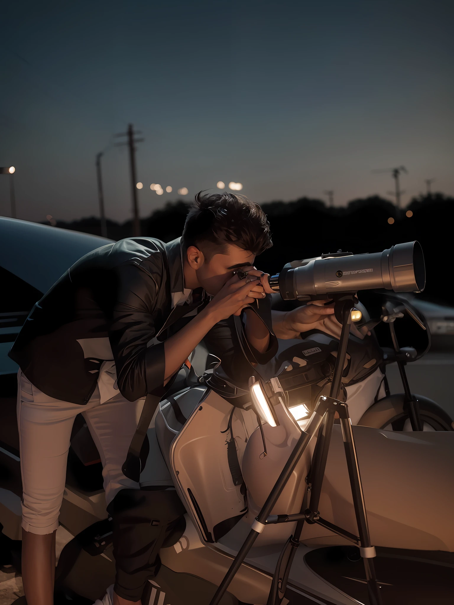 there is a man looking through a telescope at a motorcycle, astrophotgraphy, cinematic shoot, photograpgy, high quality upload, cinematography photo, profesional photography, is looking at a bird, astronomical imaging, photography at night, captured on canon eos r 6, shot on canon eos r 5, shot on canon eos r5, cinematic look , dont edit the face