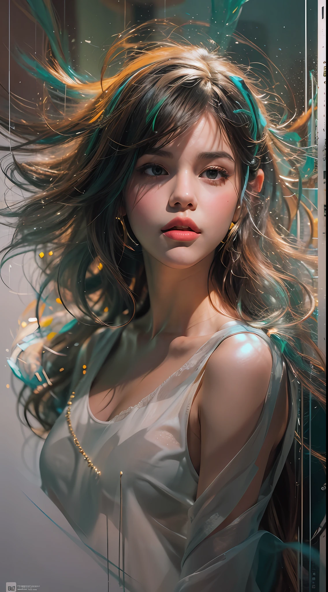 Selena Gomez at the top of the gray tank; Ben Bocchau, Michael Garmash, Daniel F. Gerhartz, Clint Sirley, Carne Griffiths, Jean-Baptiste Mong, Strebeck style, Warm dreamy lighting, Matte background, volumetric lighting, Pulp adventure style, Liquid acrylic, Dynamic gradients, Dark color, illustration, A highly detailed, ، simple, Smooth and clean vector curves, vector-art, downy, Johan Grenier, Character Design, 3D التظليل, Fan box, Cinematic, Decorative motifs, Elegant organic framing, hyperrealism, poster, Masterpiece Collection, Bright lush colors, TXAA, Penumbra, Alcohol coating, Law of Noise