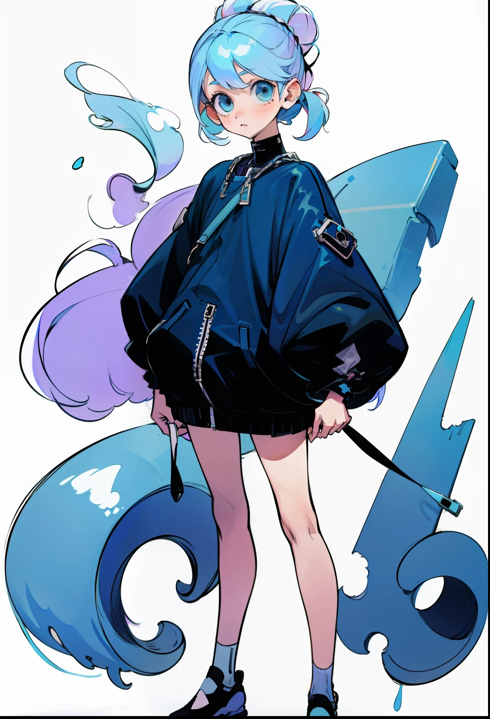 Pastel blue hair, 1Girl, Balenciaga clothing, stand up