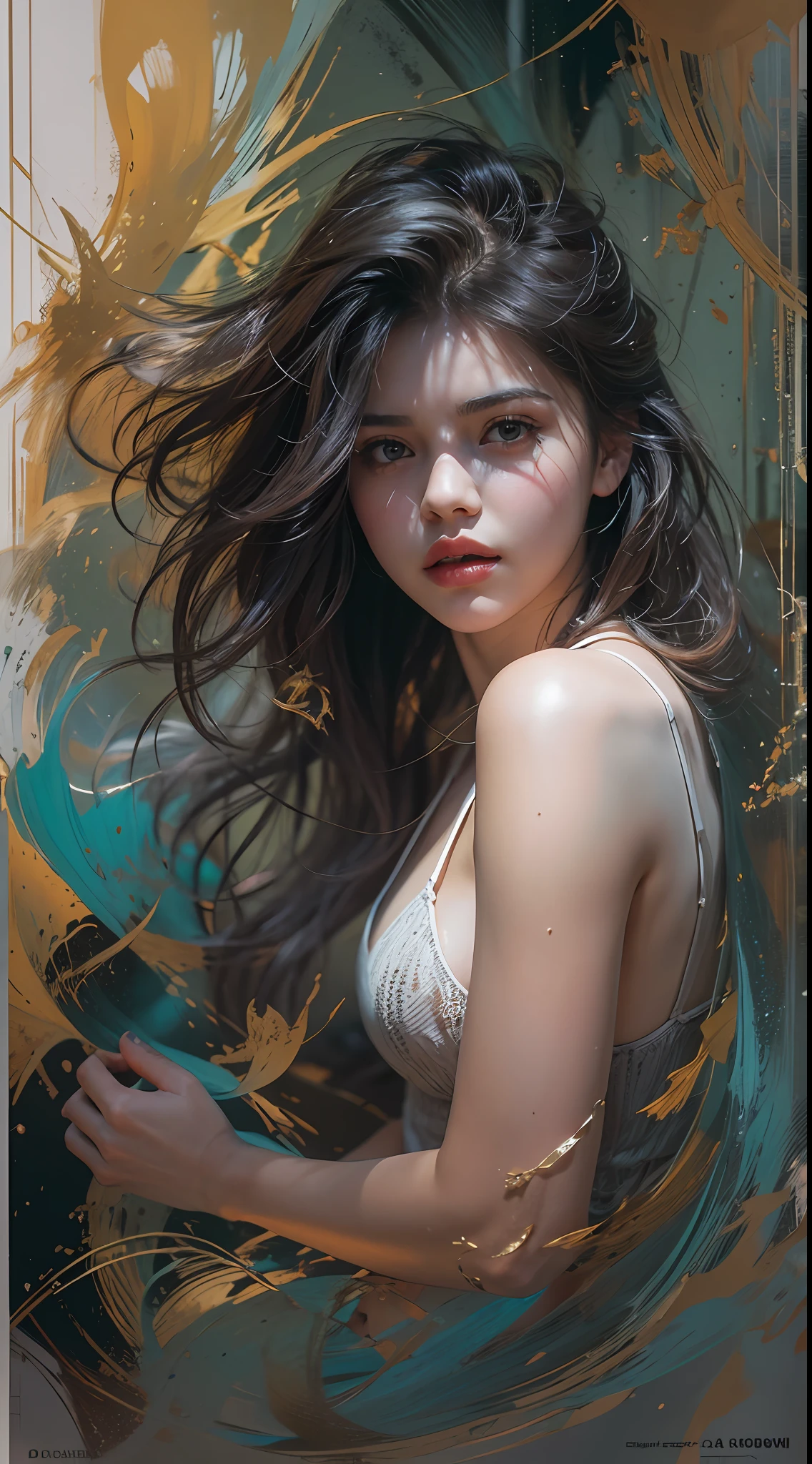 Selena Gomez at the top of the gray tank; Ben Bocchau, Michael Garmash, Daniel F. Gerhartz, Clint Sirley, Carne Griffiths, Jean-Baptiste Mong, Strebeck style, Warm dreamy lighting, Matte background, volumetric lighting, Pulp adventure style, Liquid acrylic, Dynamic gradients, Dark color, illustration, A highly detailed, ، simple, Smooth and clean vector curves, vector-art, downy, Johan Grenier, Character Design, 3D التظليل, Fan box, Cinematic, Decorative motifs, Elegant organic framing, hyperrealism, poster, Masterpiece Collection, Bright lush colors, TXAA, Penumbra, Alcohol coating, Law of Noise