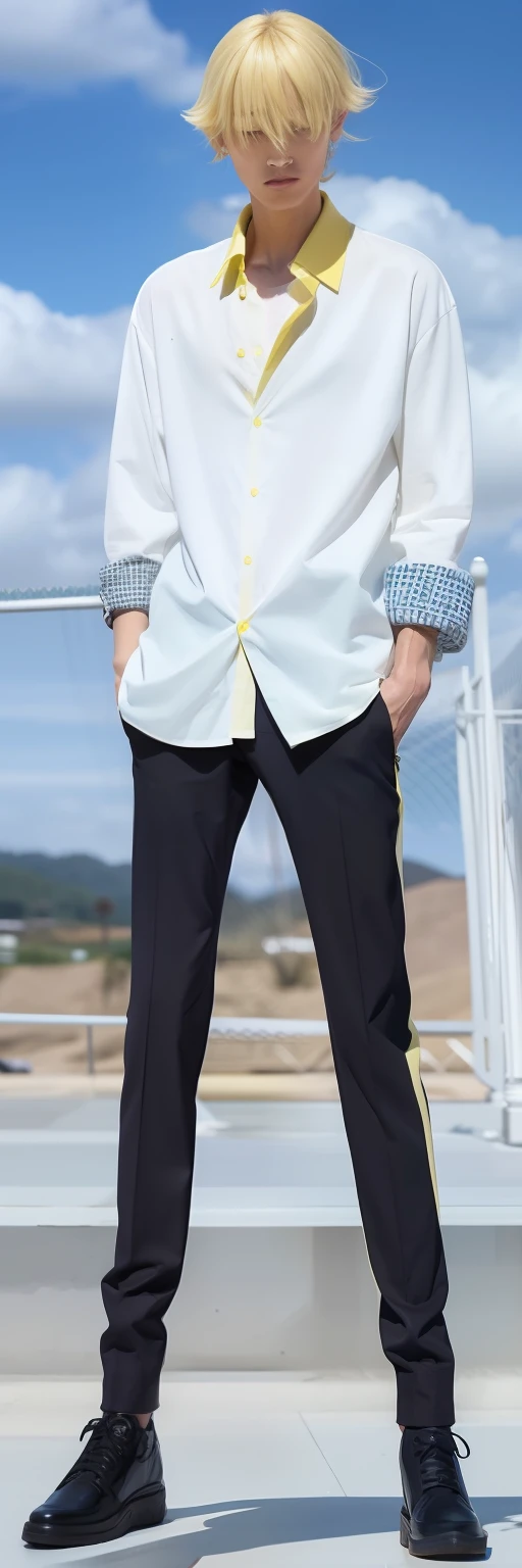 1man, sanji, smoking, short hair, yellow hair, white t-shirt, realistic, ultra detail, 77mm lens