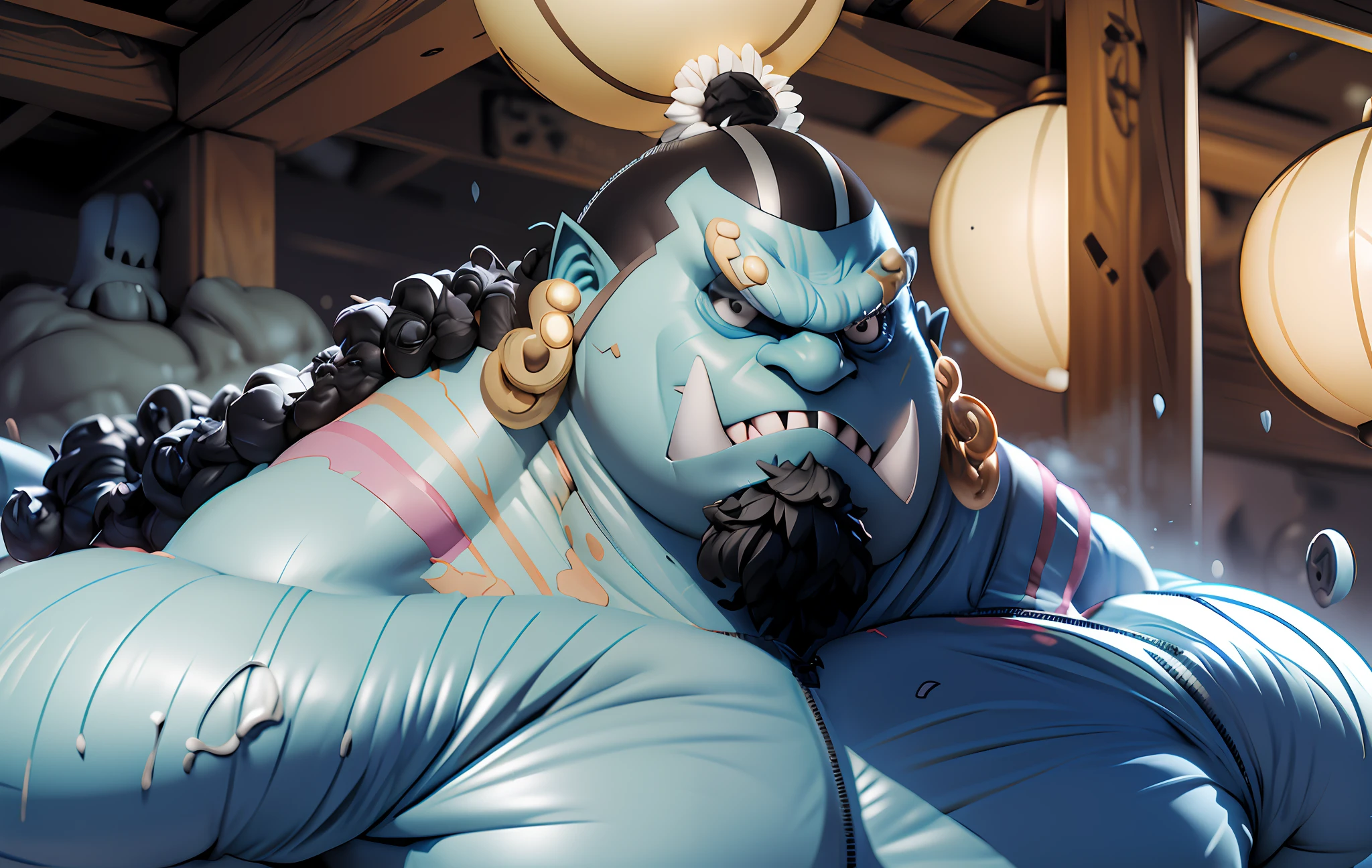 there is a statue of a man with a blue body and a hat, 3d model of a japanese mascot, from overwatch, yasuke 5 0 0 px models, pop japonisme 3 d ultra detailed, blue face unreal engine, pouty look :: octane render, inspired by Yue Minjun, trending on artstation 4k, rendered in unreal 5