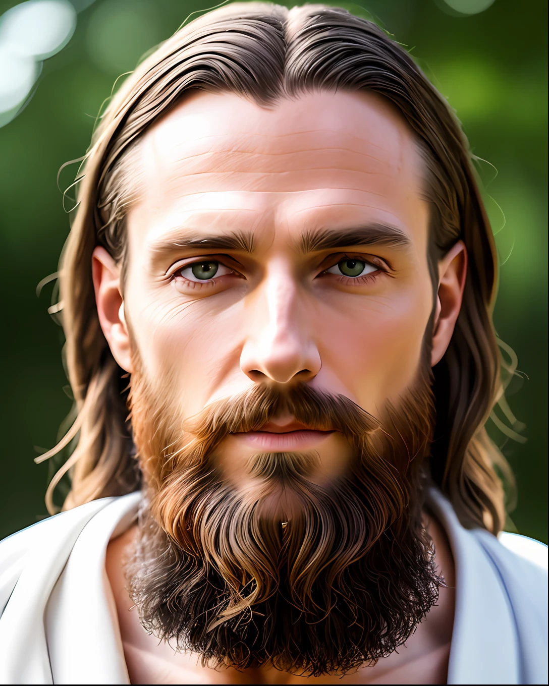 (symmetry),centered,a ((close)) up portrait,(Jesus),a very thin white man with long hair and a beard,wearing a long white robe,35mm,natural skin,clothes  detail, 8k texture, 8k, insane details, intricate details, hyperdetailedhighly detailed,realistic,soft cinematic light,HDR,sharp focus, ((((cinematic look)))),intricate, elegant, highly detailed