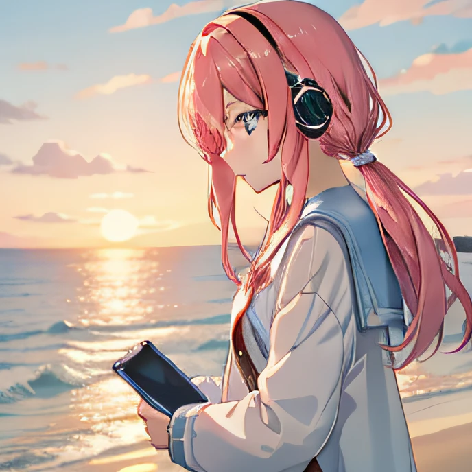 Dusk and sunset cover the sea,Anime shoujo looking down at her phone wearing white headphones