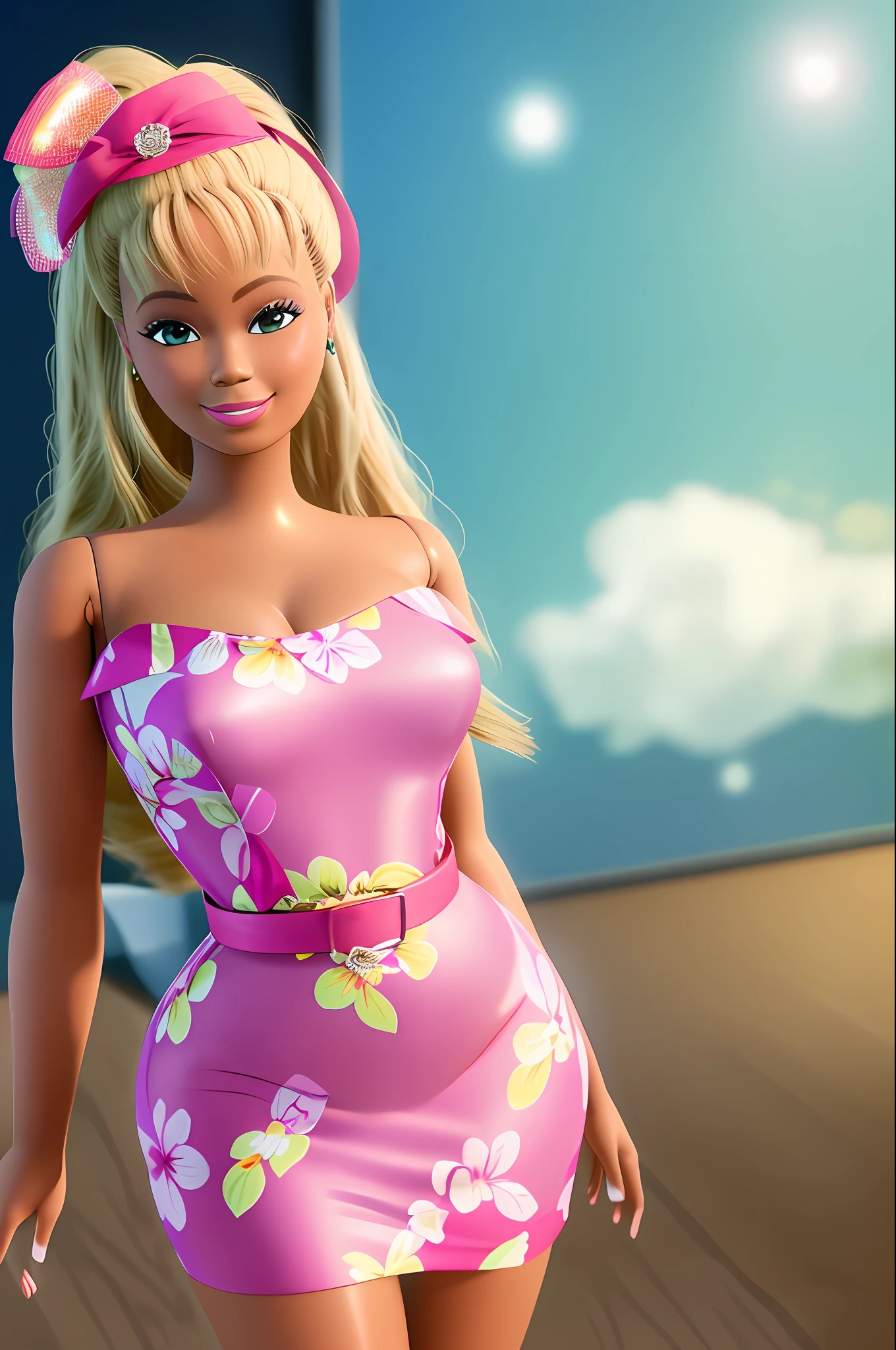 (masterpiece, best quality), highres, (8k, RAW photo, highest quality), (beyonce as Barbie), (beyonce faces:1.2), beyonce, (blonde hair) , black skin, ultra-realistic, 3d, centered, (TS_Barbie), mid shot, (full body:1.2), a cartoon girl in PINK dress in the style of pixar, (perfect lighting and composition:1),soft lighting, (high detail, 8K resolution:1), hdr:0.7, detailed face, perfect, (dynamic), pose, (high quality:1.2), plastic skin, ((shiny:1.3)), smile, (depth of field:0.8), 50mm, film grain:0.7, fujifilmXT3, focus face, (sad:1.2), looking at viewer, detailed eyes, detailed face, floating particles, beautiful, light makeup, lipstick, (thick waist and thighs:0.6), amazing composition