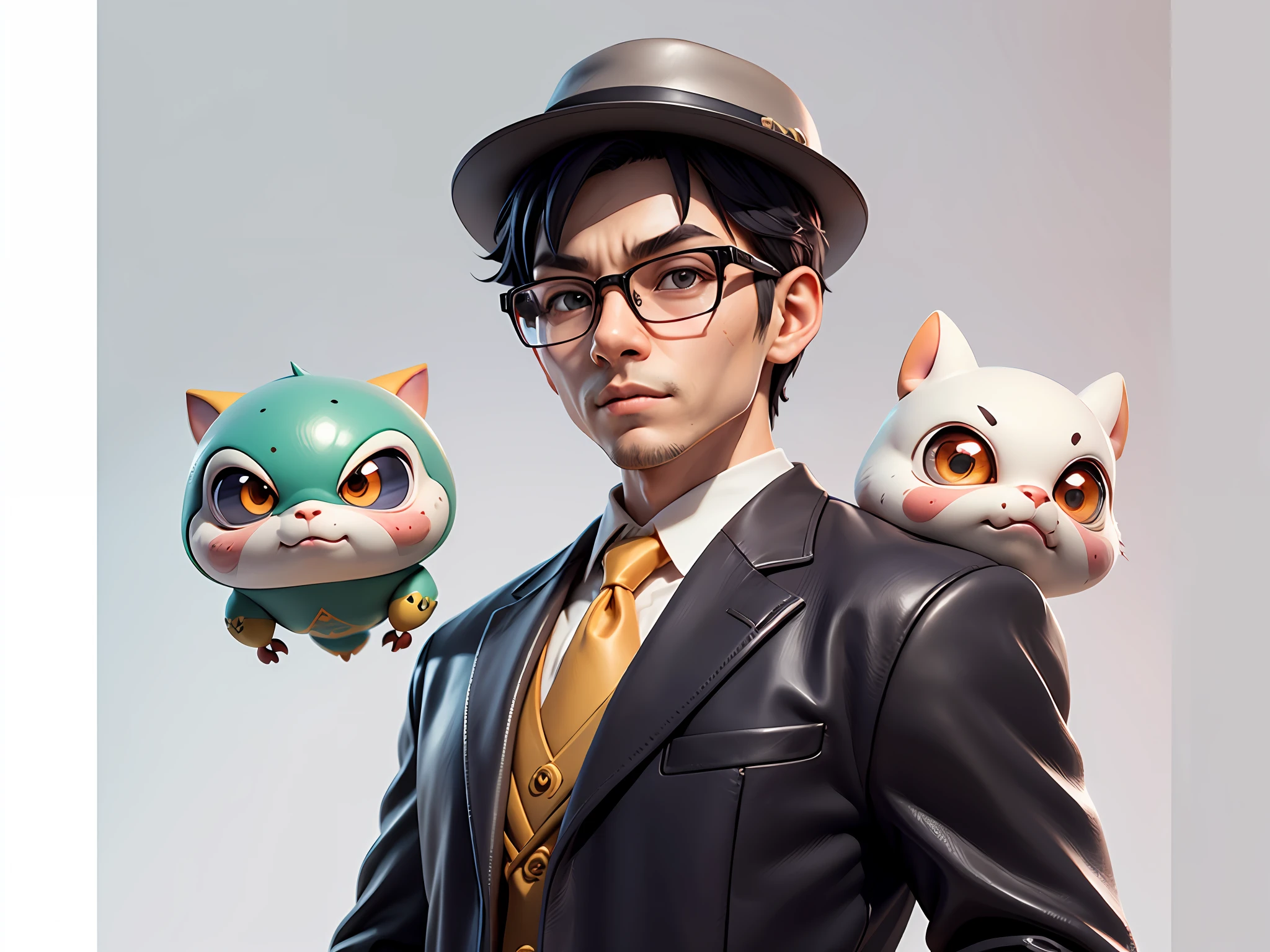Young man with oriental face in leather hat, dragon, formal suit, short black hair, silver glasses, digital painting, 3D character design by Mark Clairedon and Pixar and Hayao Miyazaki and Akira Toriyama, the illustration is a high-definition illustration in 4K resolution with very detailed facial features and cartoon-style visuals.