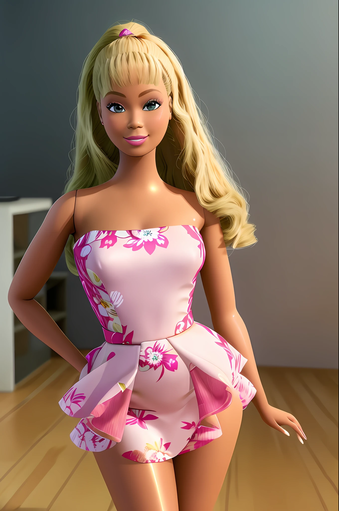 (masterpiece, best quality), highres, (8k, RAW photo, highest quality), (beyonce as Barbie), (beyonce faces:1.2), beyonce, (blonde hair) , black skin, ultra-realistic, 3d, centered, (TS_Barbie), mid shot, (full body:1.2), a cartoon girl in PINK dress in the style of pixar, (perfect lighting and composition:1),soft lighting, (high detail, 8K resolution:1), hdr:0.7, detailed face, perfect, (dynamic), pose, (high quality:1.2), plastic skin, ((shiny:1.3)), smile, (depth of field:0.8), 50mm, film grain:0.7, fujifilmXT3, focus face, (sad:1.2), looking at viewer, detailed eyes, detailed face, floating particles, beautiful, light makeup, lipstick, (thick waist and thighs:0.6), amazing composition
