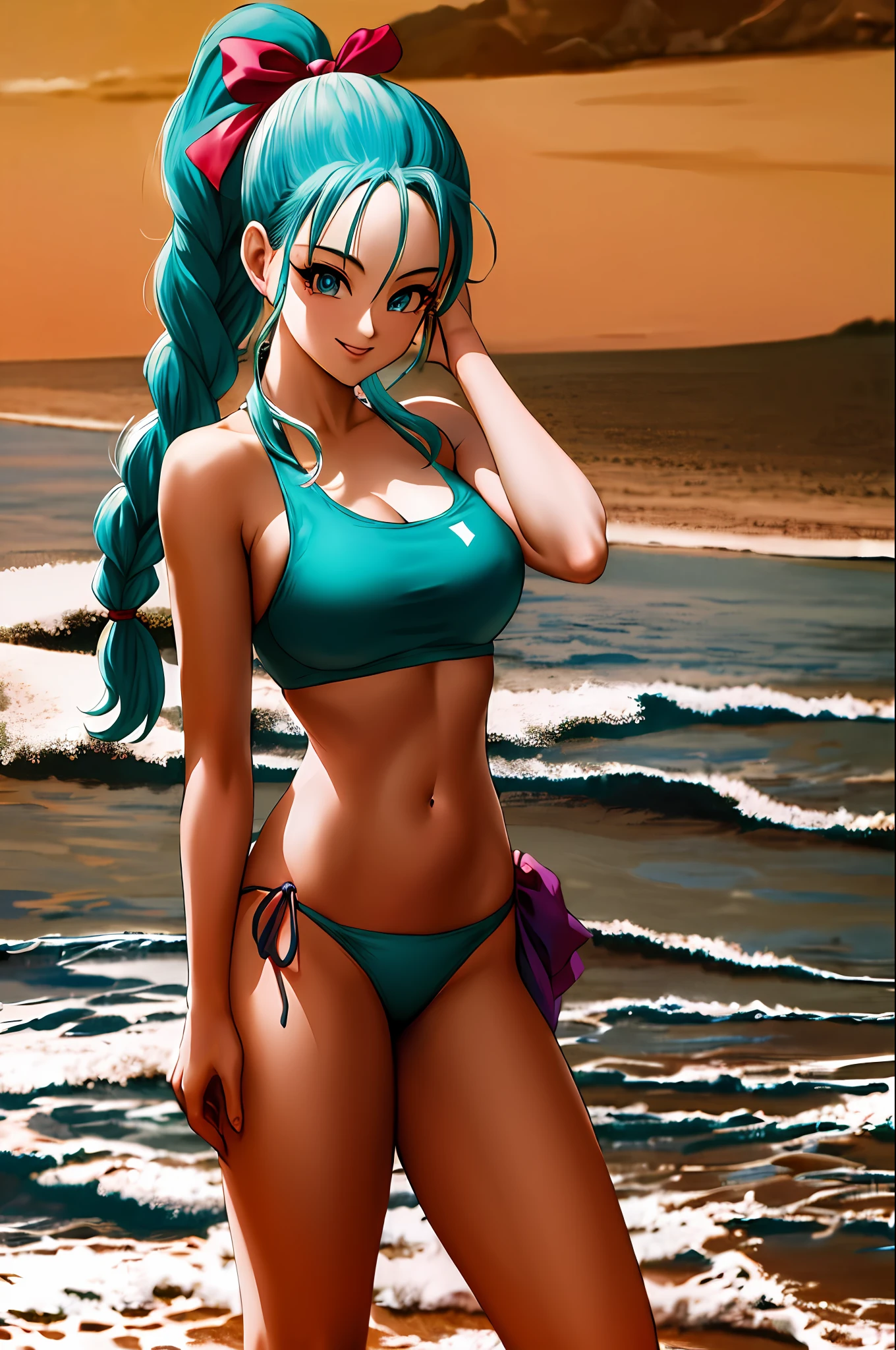masterpiece, best quality, highres, dragon ball, blmpony, aqua hair, hair ribbon, braided ponytail, (large breasts), outdoors, cowboy shot, smile, (beach background), (aqua bikini), (perfect body),
