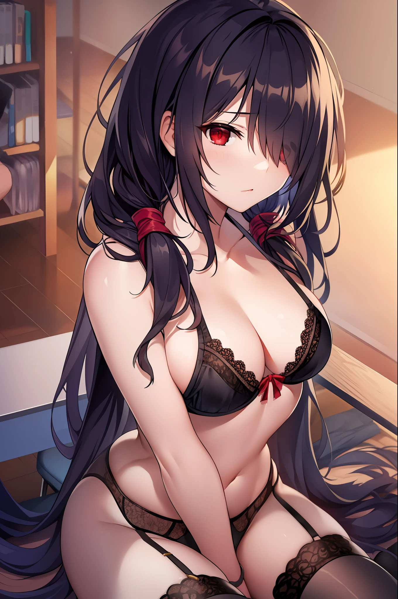 tokisaki kurumi, black hair, low twintails, (hair over right eye:1.5), (red eyes:1.2), (small breast:1.2), 1girl, masterpiece, best quality, black bra, black panties, nsfw, cleavage, lace trim, garter straps, black thighhighs, classroom, sitting, from above