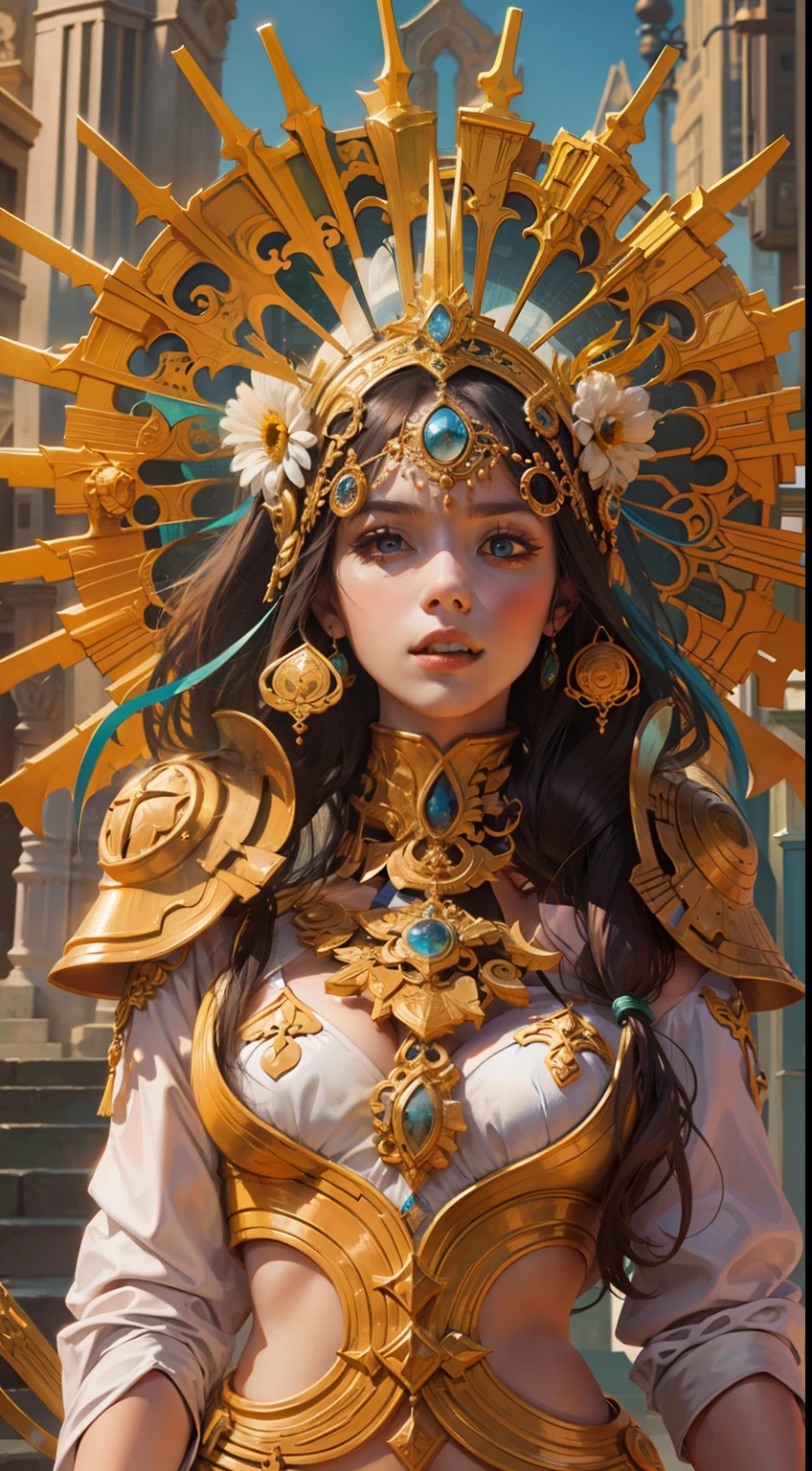 Beautiful woman in insanely intricate Sun Priest Outfit