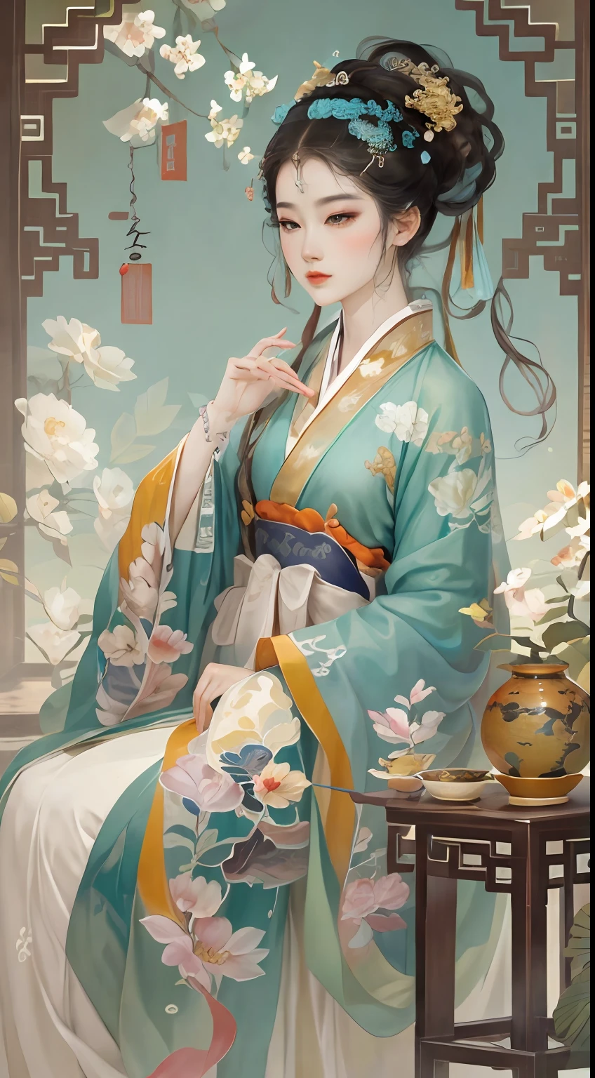 there is a woman sitting on a table with a mirror, a beautiful artwork illustration, ancient chinese beauties, inspired by Yun-Fei Ji, ancient chinese princess, ancient china art style, inspired by Emperor Huizong of Song, ancient chinese goddess, palace ， a girl in hanfu, full color illustration, chinese painting style, by Sheng Maoye, traditional chinese art