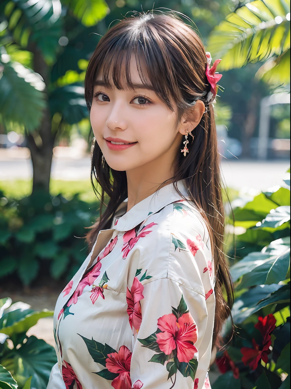 (top-quality:1.2、8K、foco nítido、masuter piece:1.2、Natural soft light、extremaly detailed cg、beuaty girl:1.2、Realisticity、detailed face texture、real looking skin、beautiful make up、octan render、Grand、Detailed bangs))、 (depth of fields)、bokeh in the background、A smile、Delicate bright brown and silver two-tone long hair,、cowboy lens、(Aloha shirts，Decorated with a hibiscus print)、ventania、From the side Side