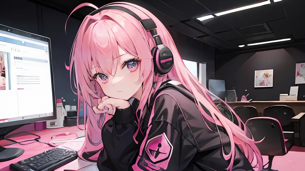 1girl in, A pink-haired、Longhaire、Home、natta、Black Electric Guitar、Gibson、Les Paul in black、personal computers、youtuber,headphones、Pink costume、Precise hand shape、