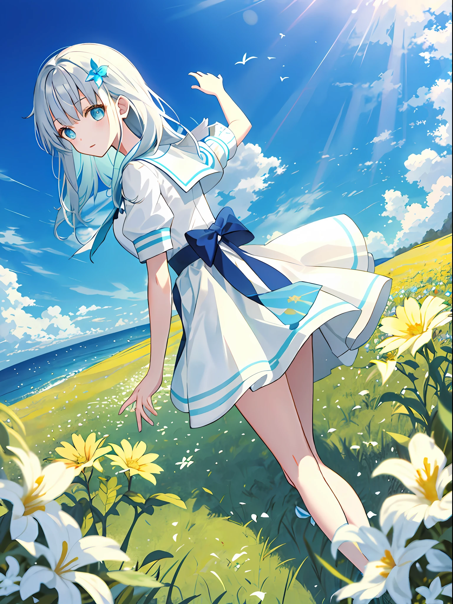 shift dresses,s girl,年轻,flower sea,Skysky,rays of sunshine,grass,long whitr hair,Fresh breeze,Skirt fluttering