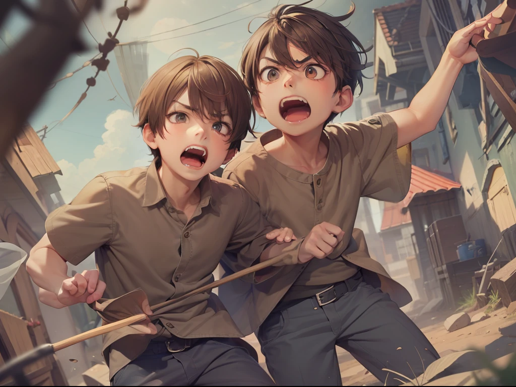 Best quality, tmasterpiece, Twin brothers, Brown hair, Brown eyes, The expression is angry, One of them fell to the ground