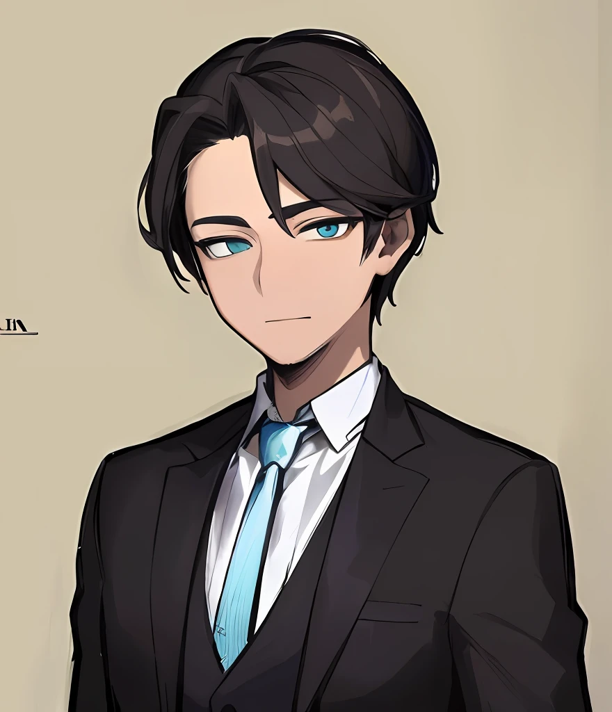 ((Masterpiece))), (((Best Quality))), ((Ultra-detailed)), (very detailed illustration (Masterpiece: 1.2), (Best Quality: 1.3), 1 guy standing Guy in a formal suit with a black tie . Dark hair, Cyan eyes