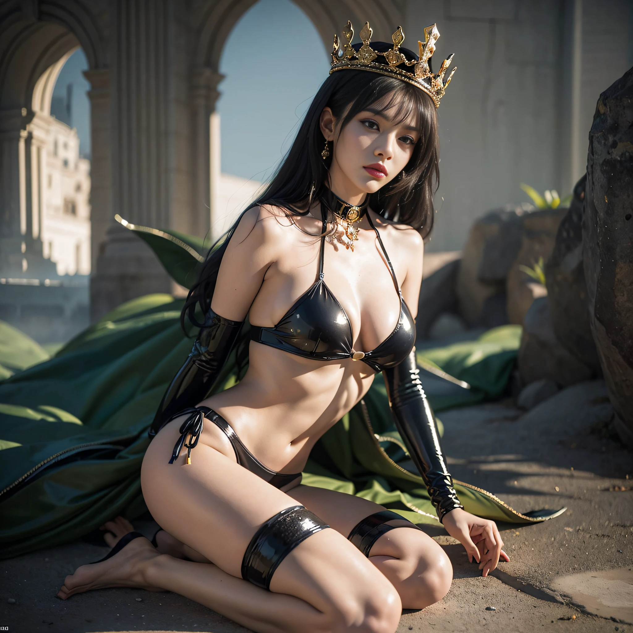 ((masterpiece)、(top-quality)、(reallistic))、A world of fantastic myths、Beautiful Queen of Genesis、Daughter of a prisoner of war、Bondage style、latex shiny、Sexy Daughter、Super beauty、Super Ultra Ultra Bikini、standingn、fullllbody、Beauty in return、Fantastic mythical world landscape
