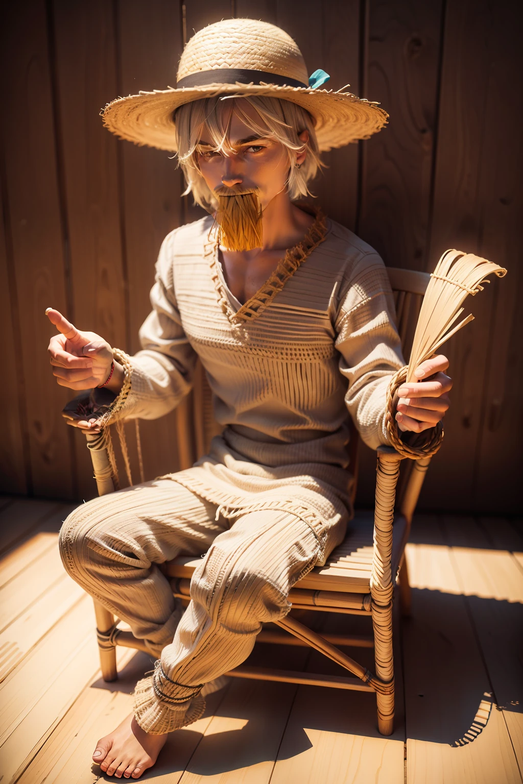 Three-dimensional sitting man woven with straw