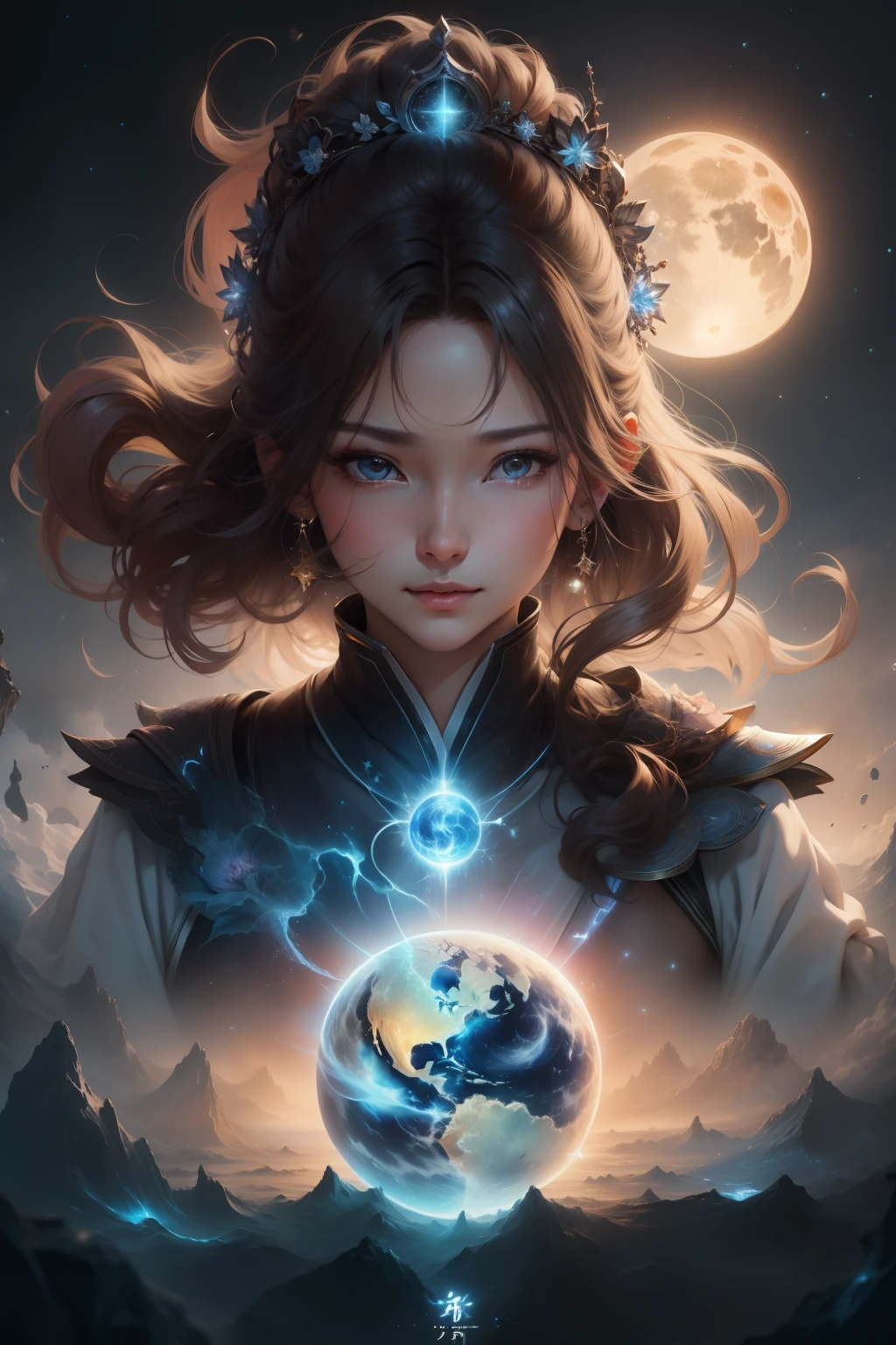 (tmasterpiece、Need、Ultra-delicate、A high resolution),1goddess,(A loving gaze、ssmile),background starry sky,planet earth,suns,themoon,Divine light,The characters exude holy light,offcial art,Extremely detailed,(The upper part of the body、Front lens)