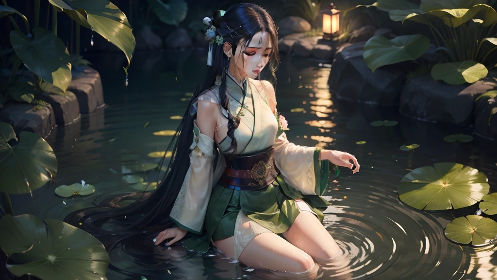 (Pastoral Life) (It's drizzling), dark green Hanfu, male people, Cold, Fair skin, flower  sea, pond, petals floating on water, lilies, 鎖骨, Closed eyes, Half immersed in water, Dark background, Moonlight, hair pin, jade pei, Hanfu, Delicate face, Hair Accessories, rosy lips, skirt by the, a belt, Jewelry, Long hair, earrings, , Hair strands, Perfect body proportions, Wet, Slender legs, bru