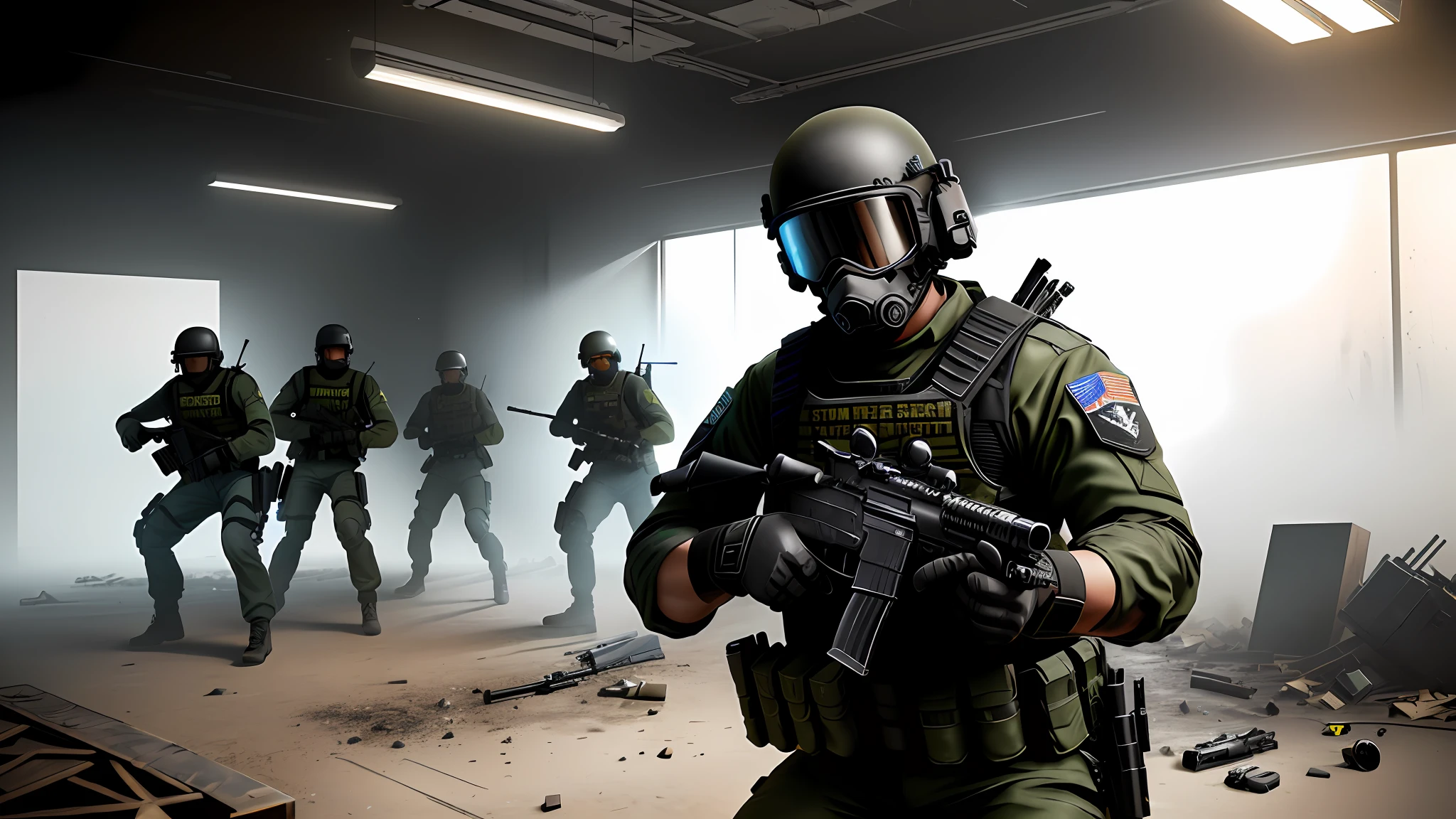 There was a SWAT officer holding a gun and firing forward，counter strike, , swat, MP5,, fps game concept art, 3 d rendered, video game render, Game CG, in an abandoned warehouse，