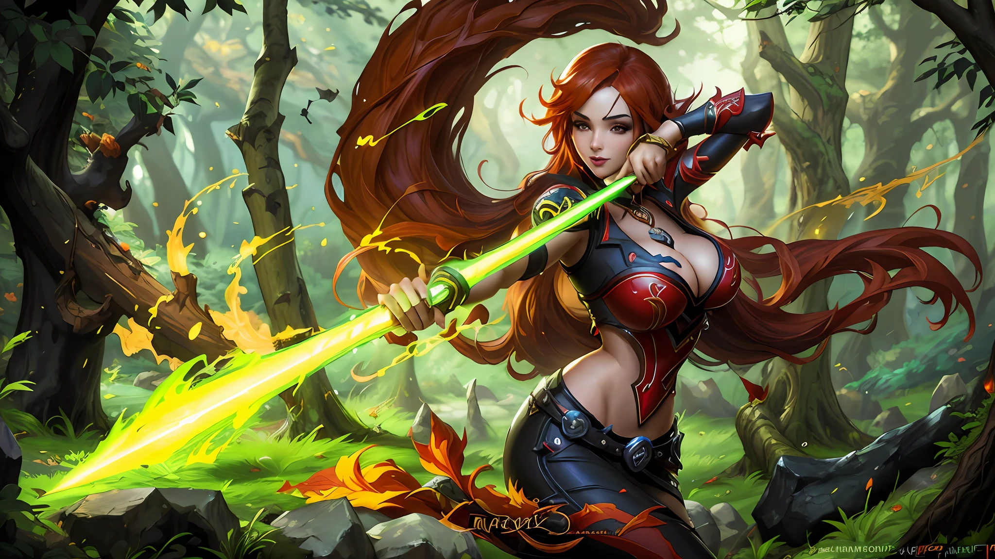 a woman in a red and black outfit holding a sword in a forest, splash art, style league of legends, official splash art, senna from league of legends, league of legends style art, league of legends character art, league of legends art, league of legends character, ahri, style artgerm, extremely detailed artgerm, league of legends splash art