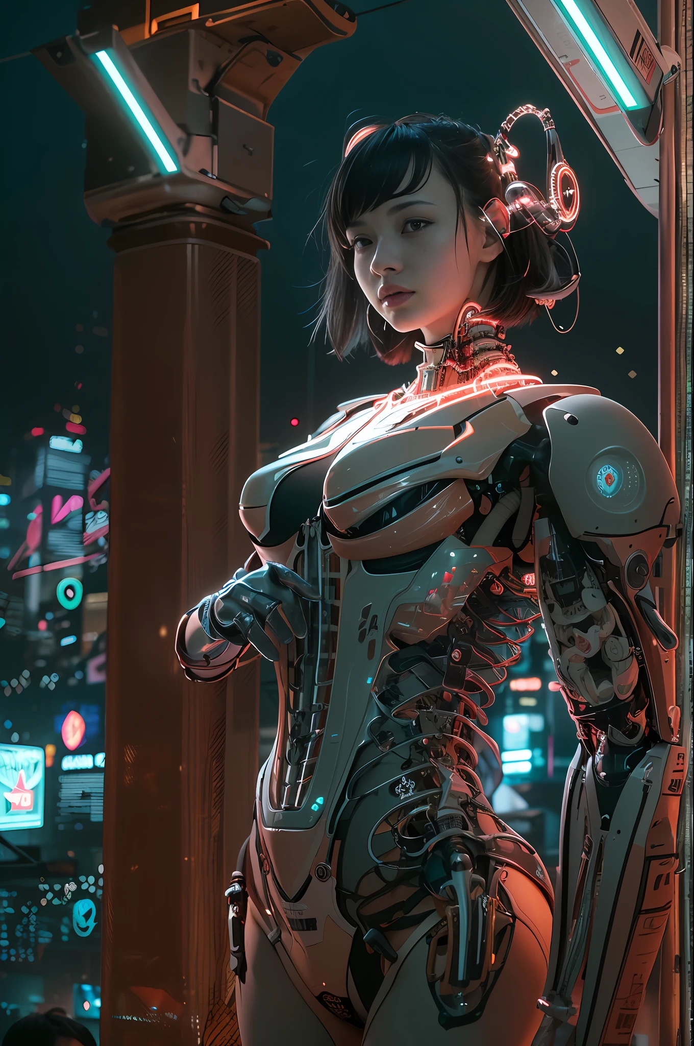 Top Quality, Masterpiece, Ultra High Resolution, ((Photorealistic: 1.4), Raw Photo, 1 Girl, Black Hair, Glossy Skin, 1 Mechanical Girl, (Ultra Realistic Details)), Global Illumination, Shadows, Octane Rendering, 8K, Ultra Sharp, Cleavage Exposed, Metal, Intricate Ornament Details, Egyptian Details, Very intricate details, realistic light, CGSoation trend, facing the camera, neon details, mechanical limbs, blood vessels connected to the tube, mechanical vertebrae attached to the back, mechanical cervical attachment to the neck, wires and cables connecting to the head, evangelion, small glowing LED lamps, (dazzling Cyberpunk cityscape in background).
