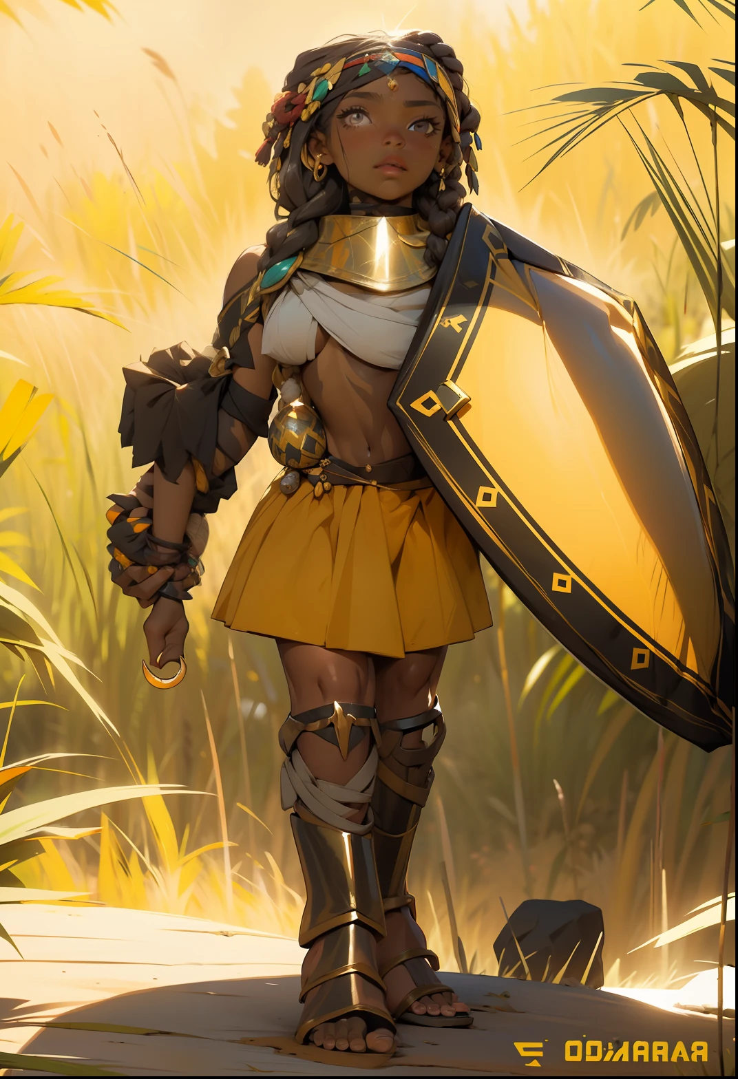 (((Absurdo))), (((melhor qualidade))), (((obra prima))), mulher africana de 19 anos musculosa, olhos castanhos, detailed lashes, thin and delicate hands, holding a star mace, guerreira Zulu, pinturas de guerra pelo corpo, corpo perfeito e proporcional, Black-skinned savanna warrior wearing very few clothes and many necklaces and body adornments, Tiny bikini made of African beads, holding a spear and walking across the savannah, dry vegetation, muito calor, she is sweaty and her black skin glows under the scorching sun of Africa