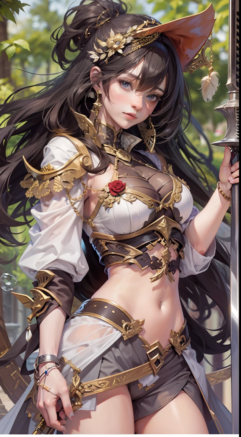 Beautiful woman in insanely intricate Swordmaster Outfit