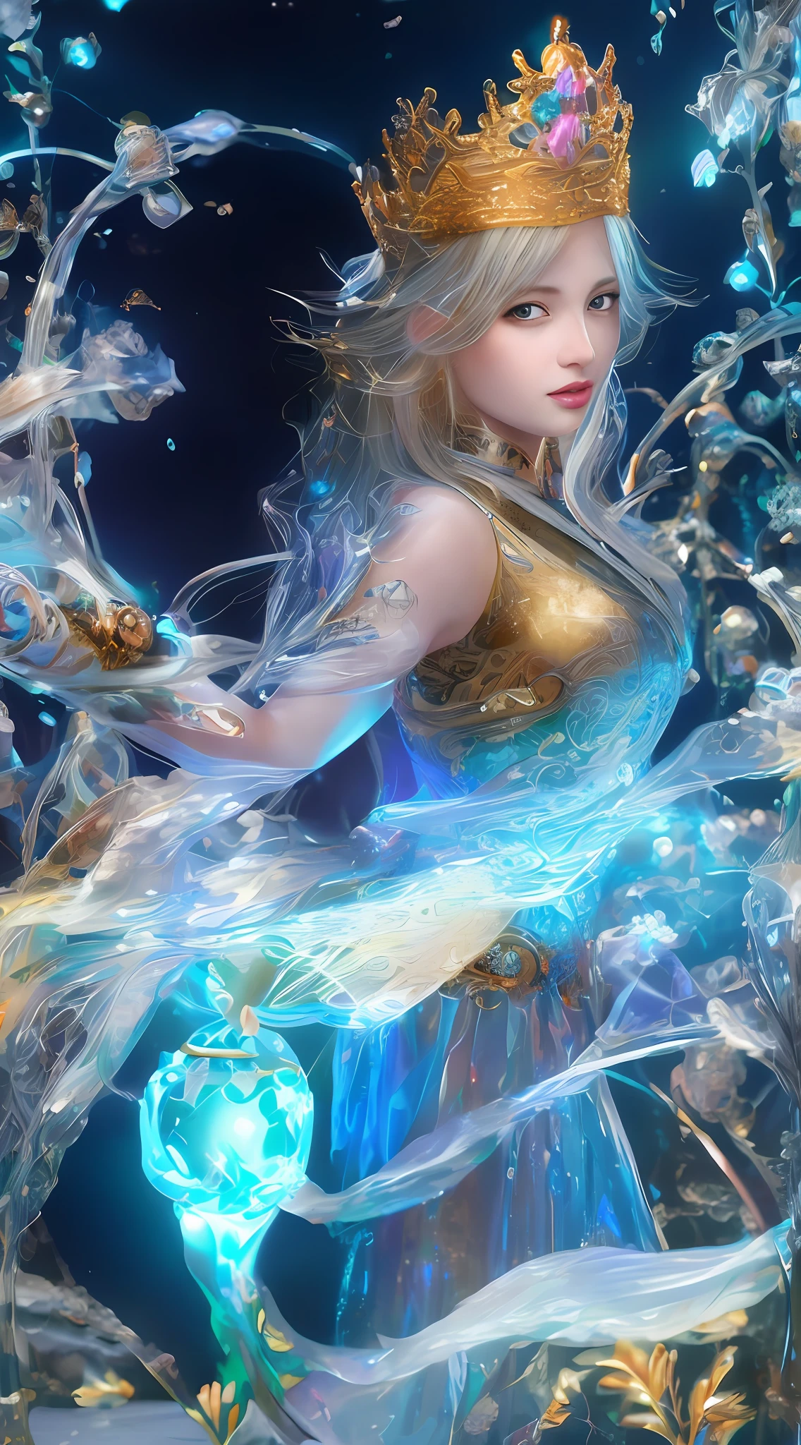 Alpha image of woman holding globe wearing crown, closeup fantasy with water magic, Guviz-style artwork, Asian Woman Water Elemental, Guviz, Beautiful digital artwork, Fantasy art style, 8K high quality detailed art, 8K stunning artwork, by Yang J, trending on cgstation, 4k highly detailed digital art